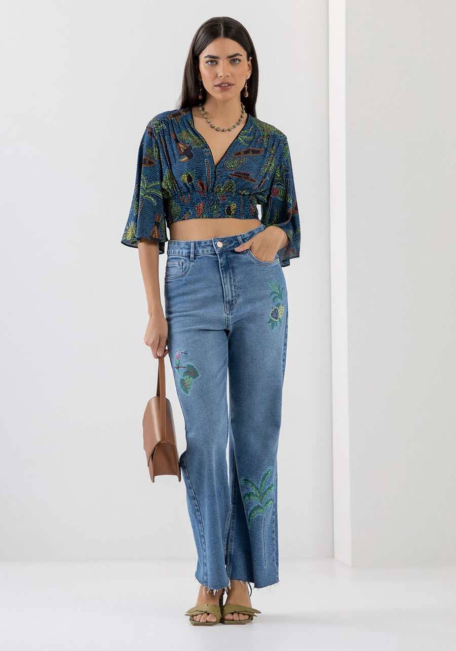 Calça Jeans Wide Leg Super Alta Cropped Bordada