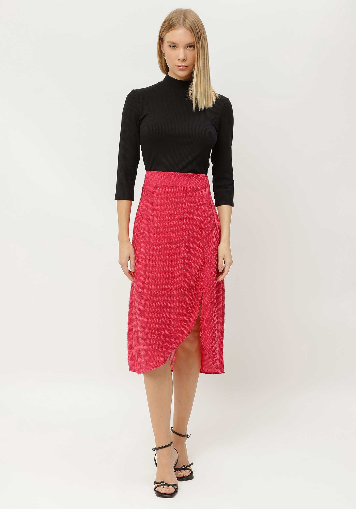 Saia Midi Texturizada com Fenda e Brilho, , large.