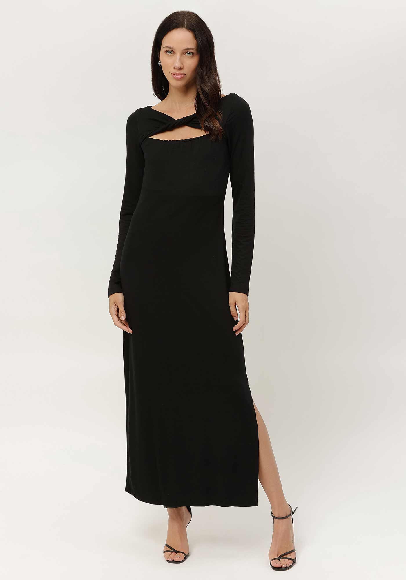 Vestido Midi Manga Longa em Malha com Tor&ccedil;&atilde;o, , large.