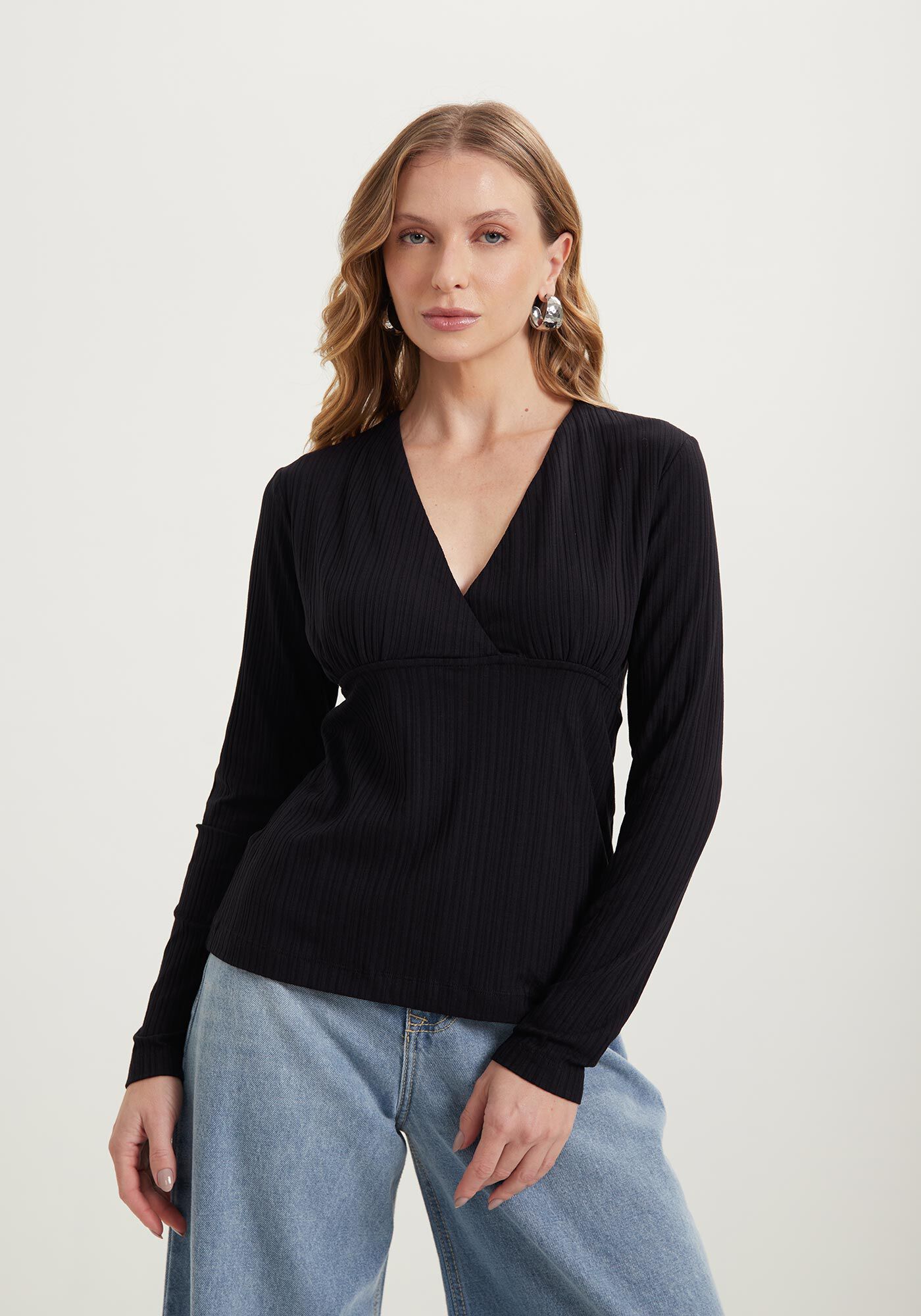 Blusa De Mangas Longas Em Malha Canelada De Viscose, , large.