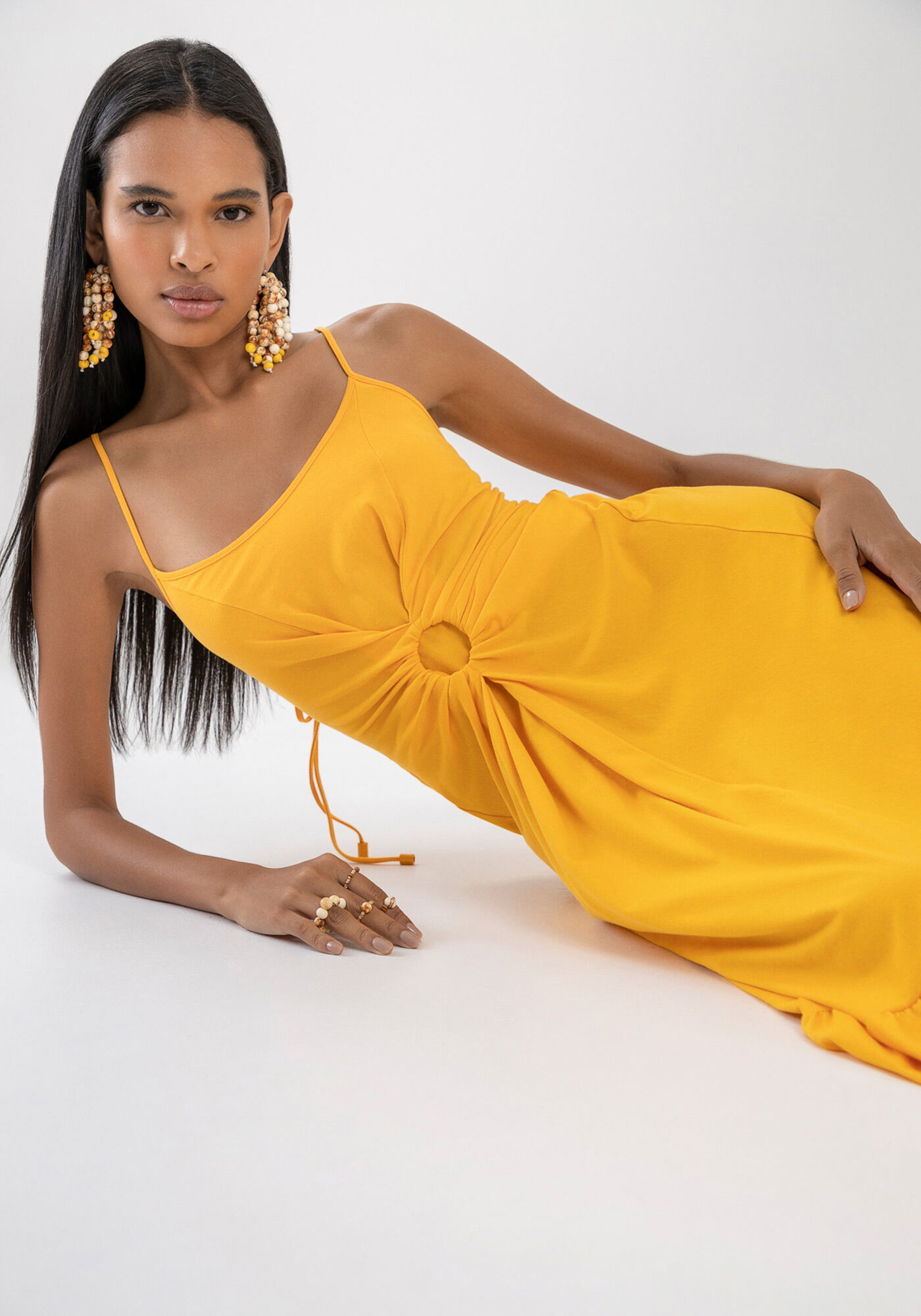 Vestido Midi em Malha com Franzido Cintura, AMARELO ENERGY, large.