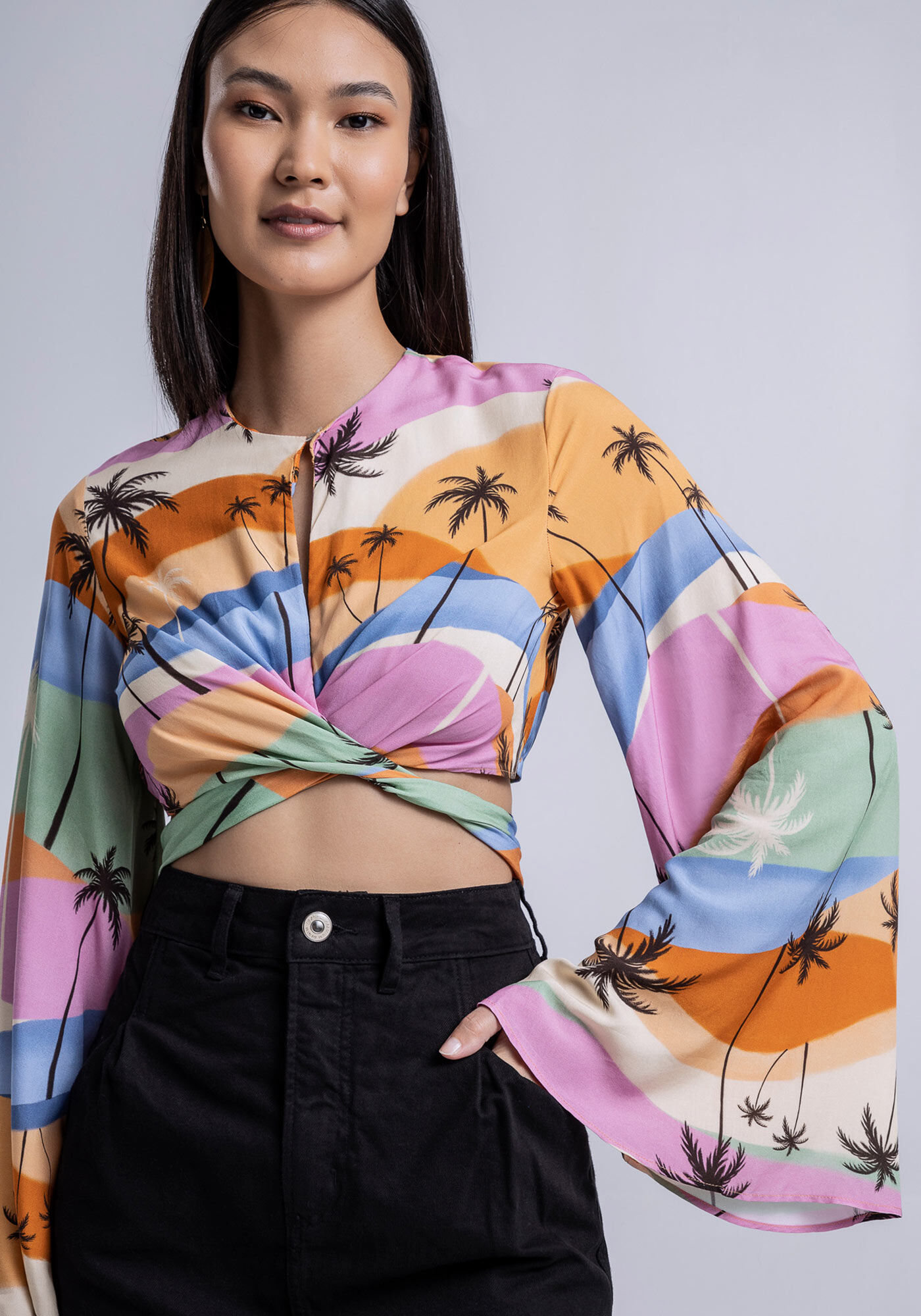 Blusa Manga M&aacute;xi em Viscose com Transpasse, , large.