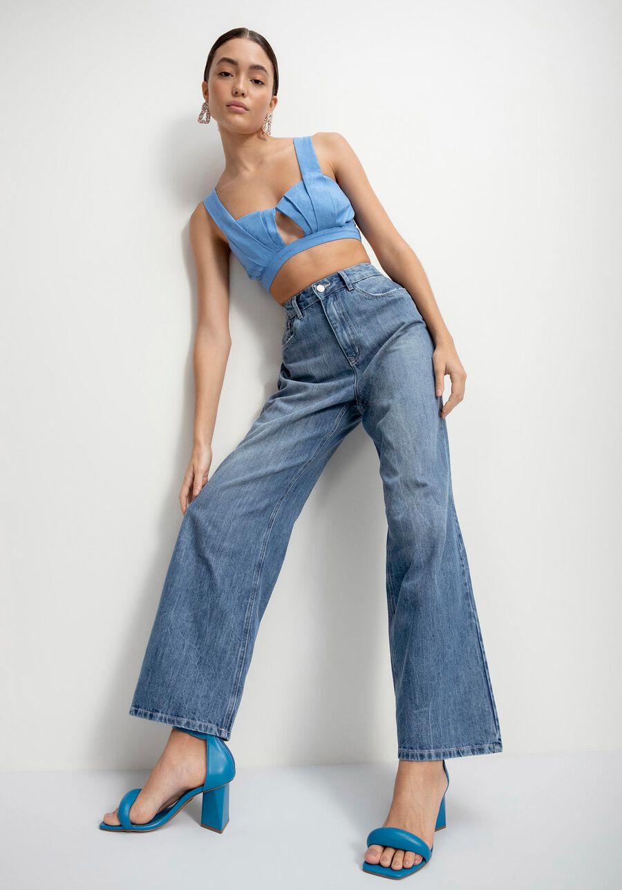 Calça Jeans Wide Leg Super Alta com Bordado, JEANS. Calça Jeans Wide Leg Super Alta com Bordado, JEANS, large.