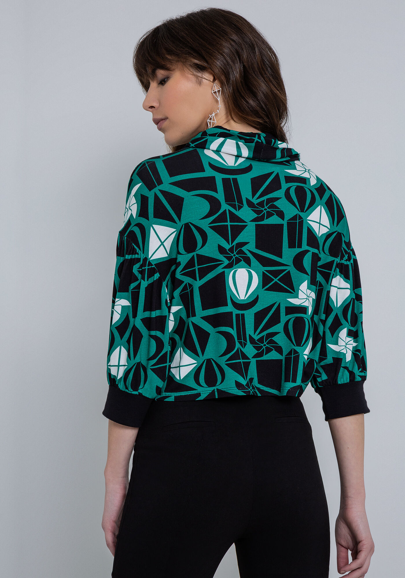 Blusa Manga 3/4 em Malha Estampada com Gola, FRAGMENTOS DE SONHOS, large.