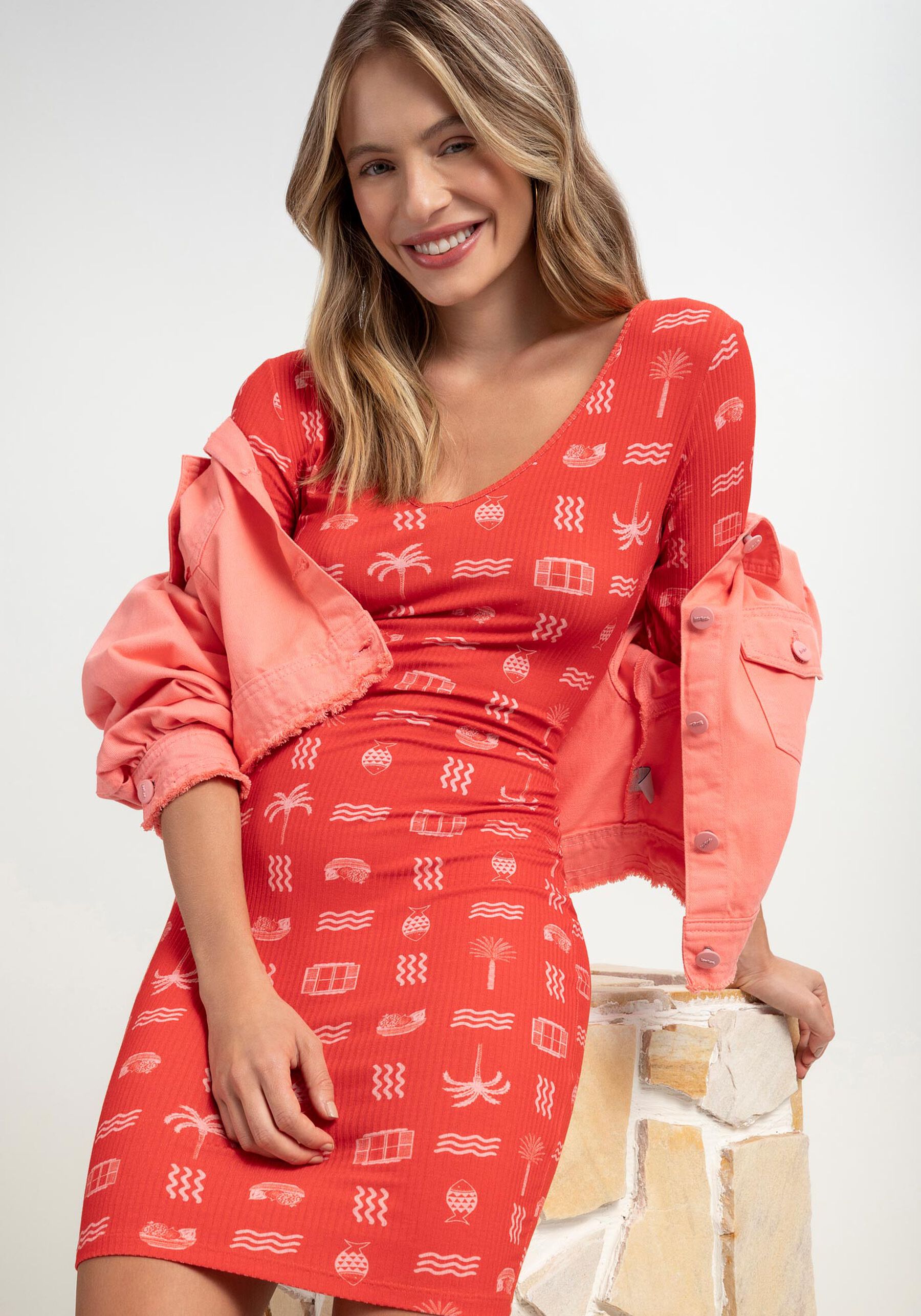 Vestido Curto Canelado com Decote V Estampado, . Vestido Curto Canelado com Decote V Estampado, , large.
