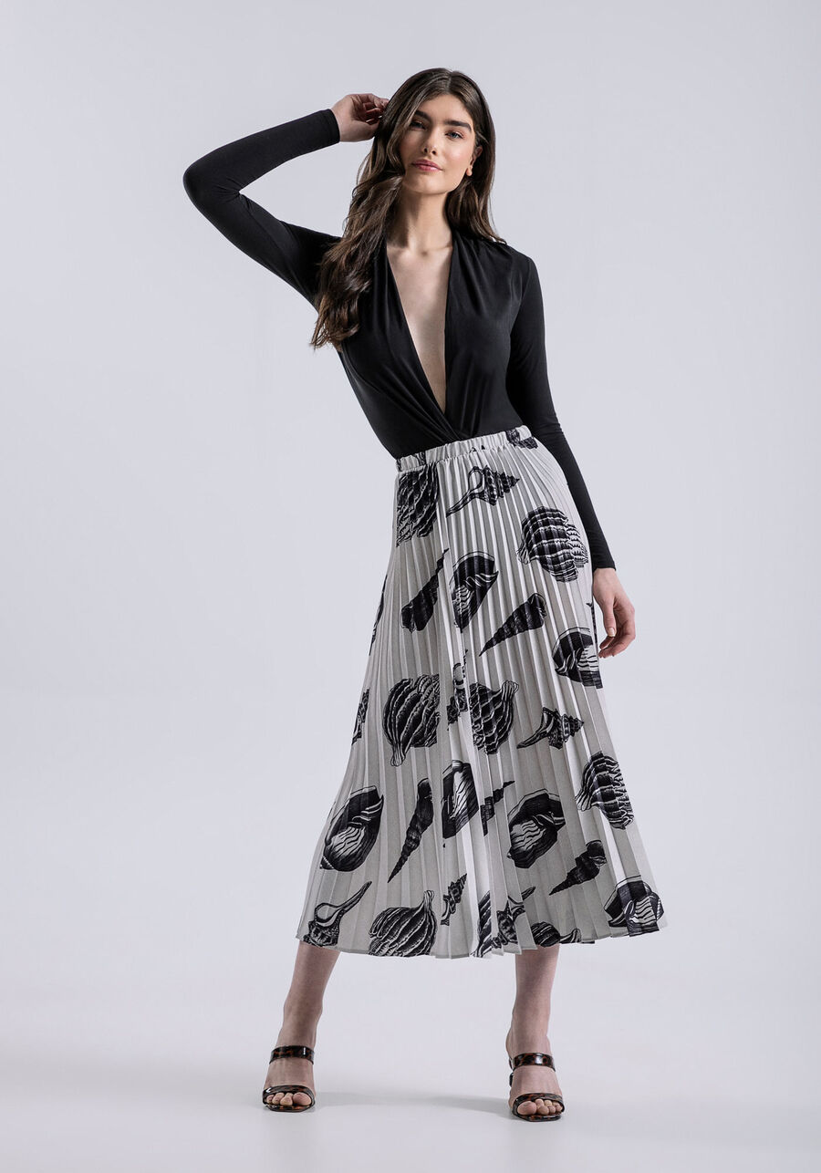 Saia Midi Plissada Estampada, CONCHAS. Saia Midi Plissada Estampada, CONCHAS, large.