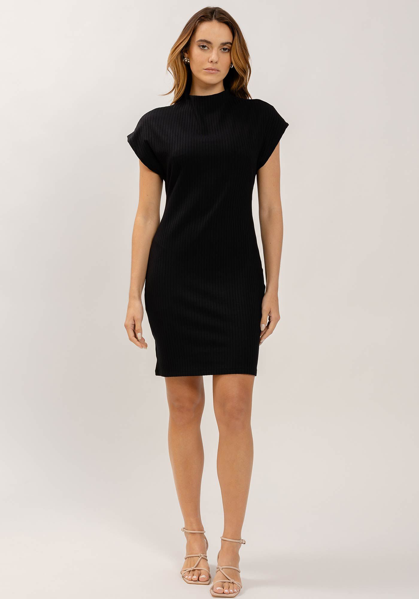 Vestido Curto Canelado com Gola Alta, , large.