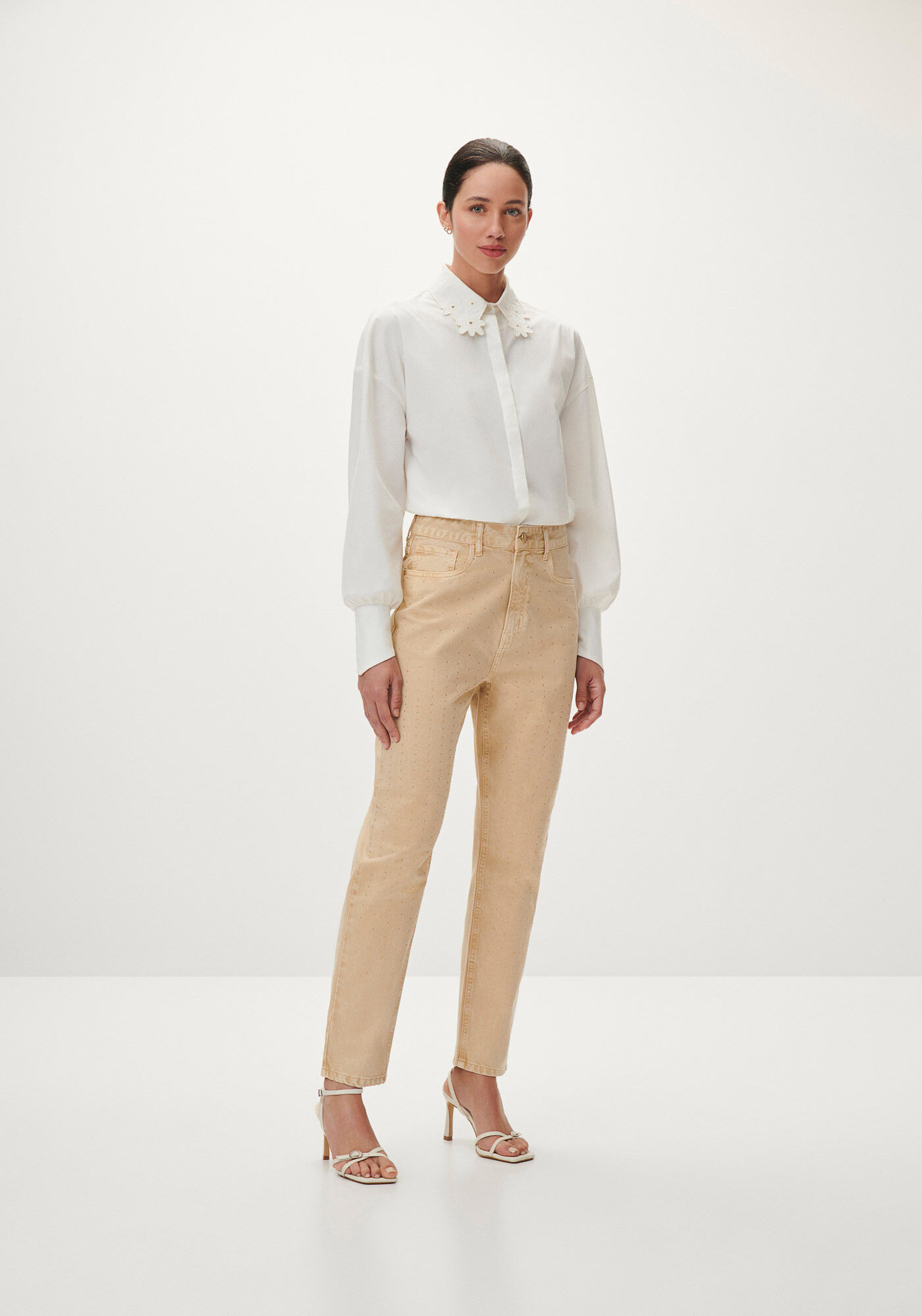 Cal&ccedil;a Sarja Mom Cropped Super Alta com Strass, , large.