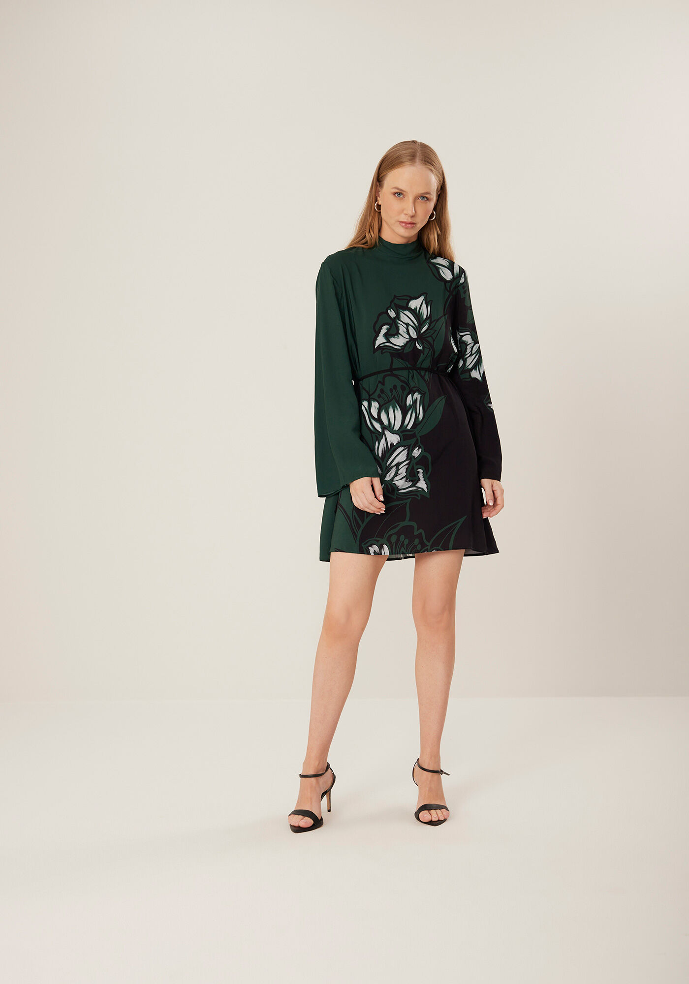 Vestido Curto Estampado Com Mangas Longas Amplas E Cinto, ANEMONE VERDE, large.