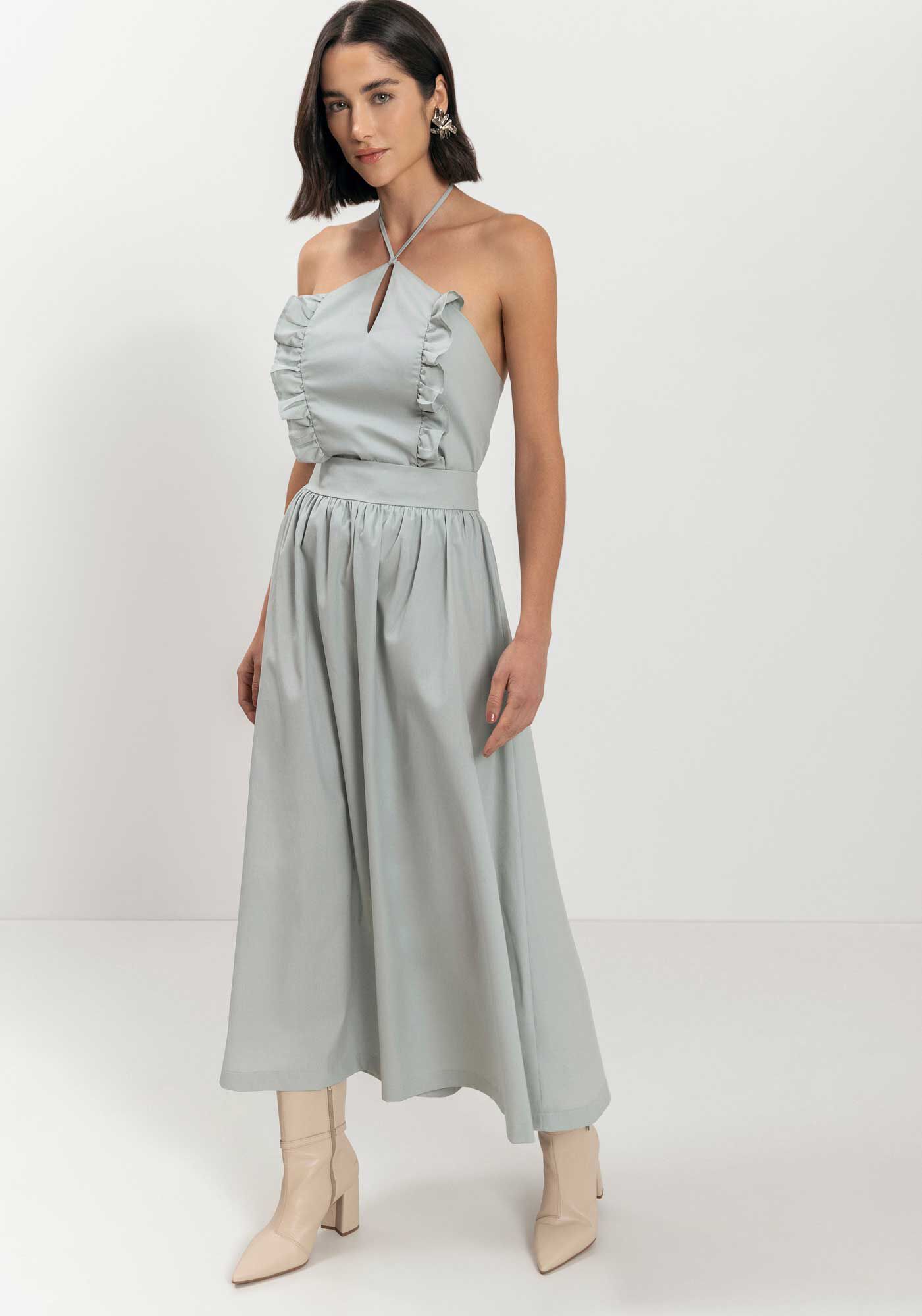 Saia Ch&aacute; Com Cintura Alta Em Tafet&aacute; De Algod&atilde;o, CINZA CHUTNEY, large.