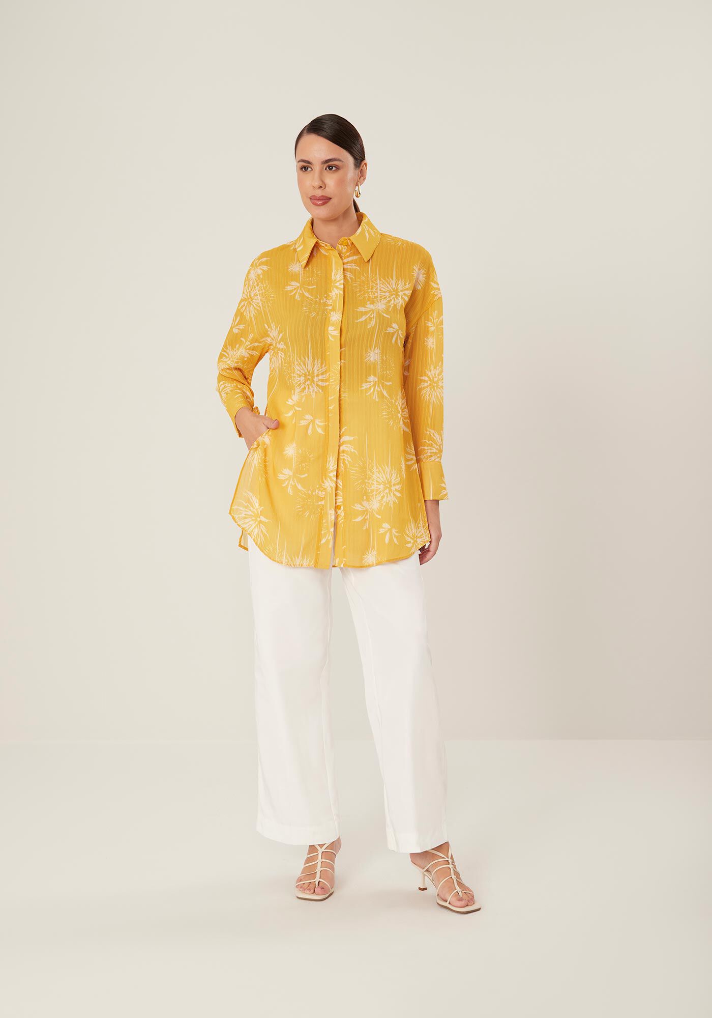 Camisa Alongada Manga Longa Estampada, , large.