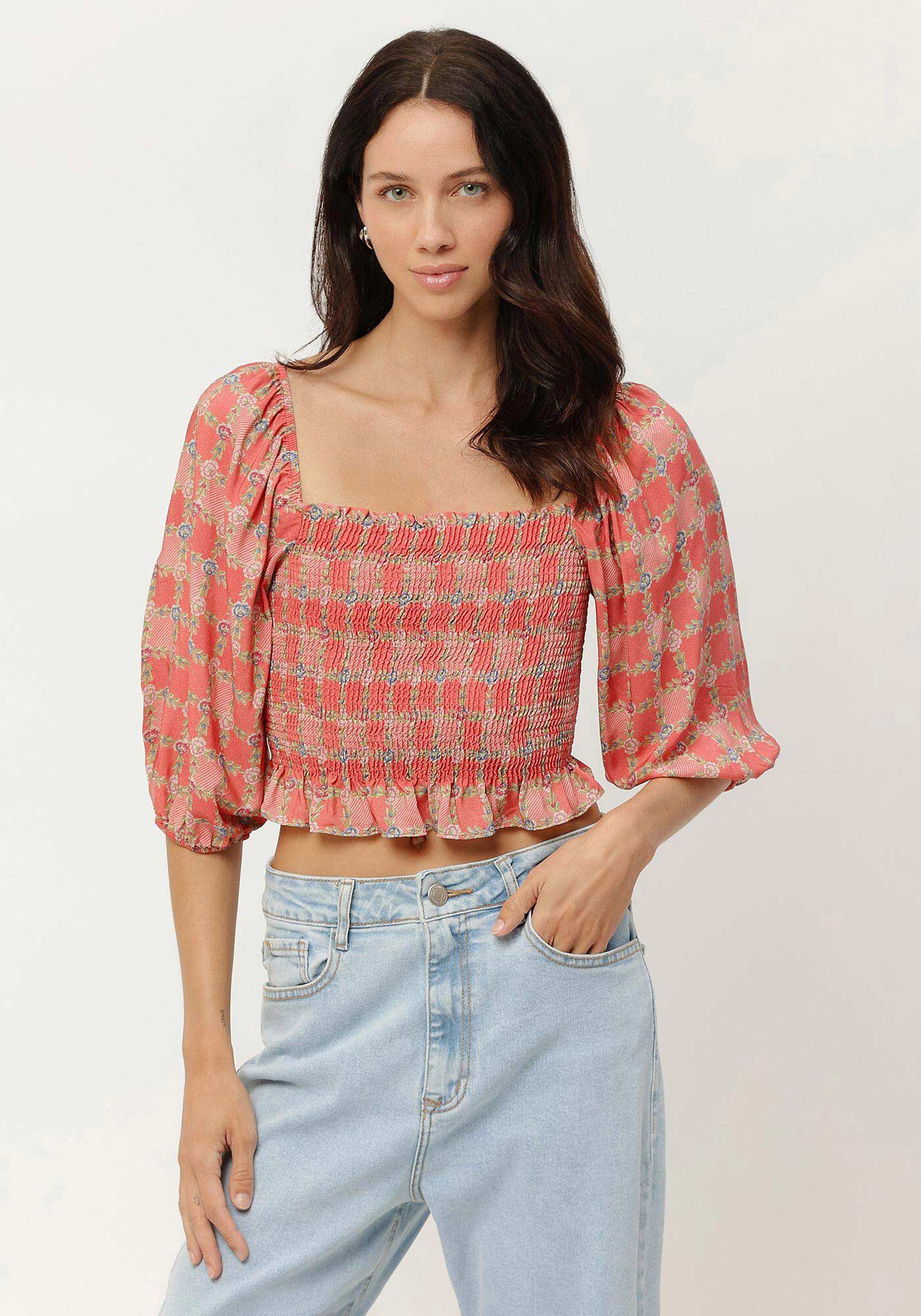 Blusa Manga Bufante Estampada Cropped com Lastex, , large.