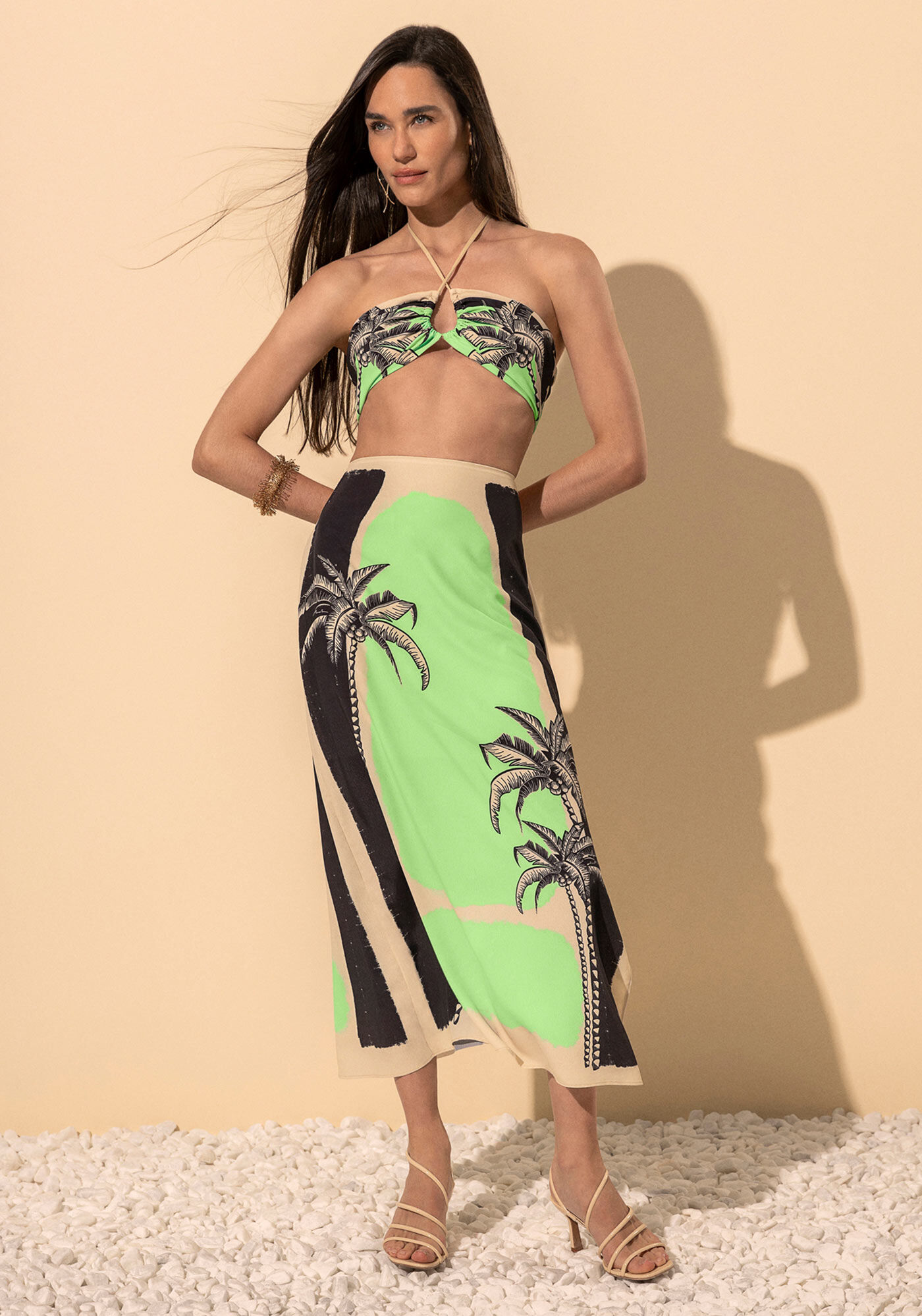 Saia Ch&aacute; Estampada De Cintura Alta Com Z&iacute;per E Fenda, VERDE SABEDORIA, large.