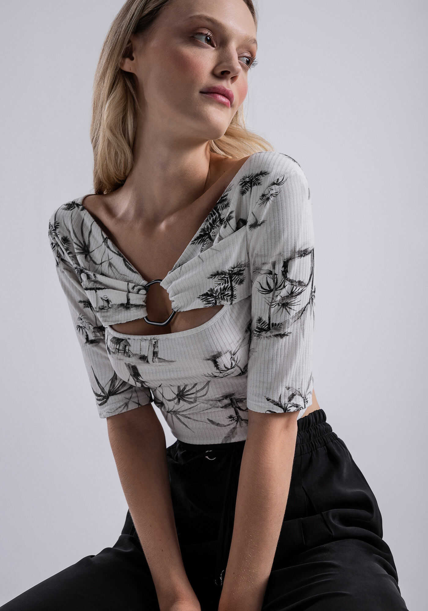 Blusa Manga 3/4 Canelada com Recorte Argola, , large.