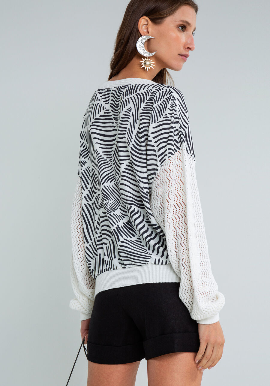 Blusa Manga Longa Tricô Estampada, BRANCO OFF WHITE. Blusa Manga Longa Tricô Estampada, BRANCO OFF WHITE, large.