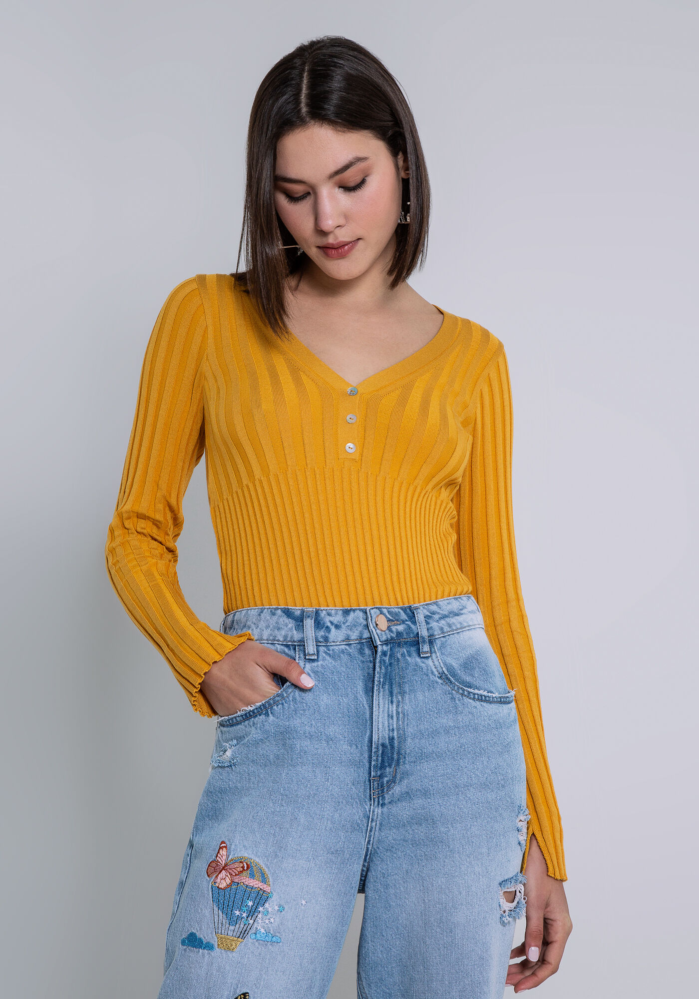 Blusa Manga Longa em Tric&ocirc; com Bot&otilde;es, , large.