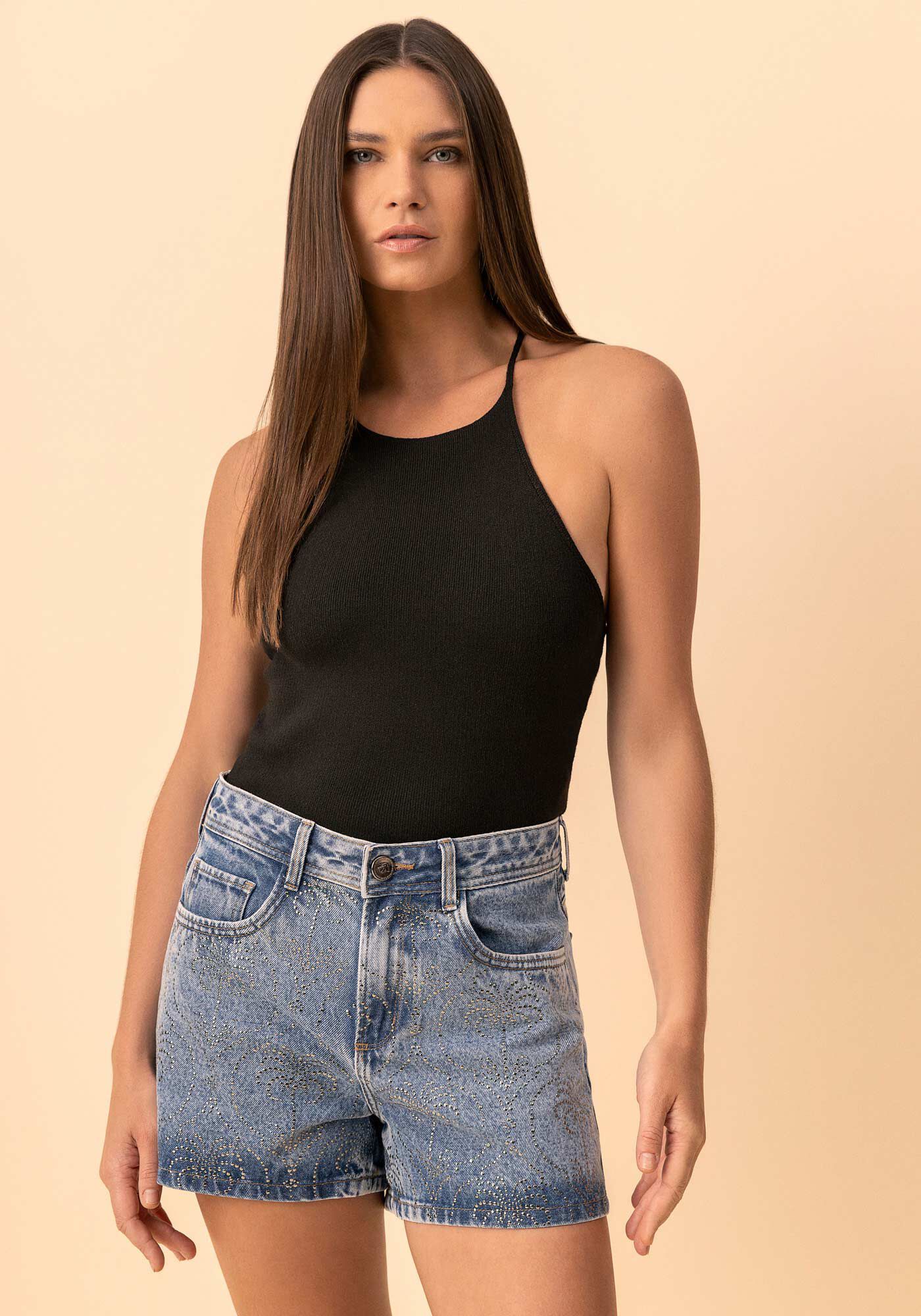 Shorts Jeans De Cintura M&eacute;dia Com Aplica&ccedil;&otilde;es, JEANS, large.