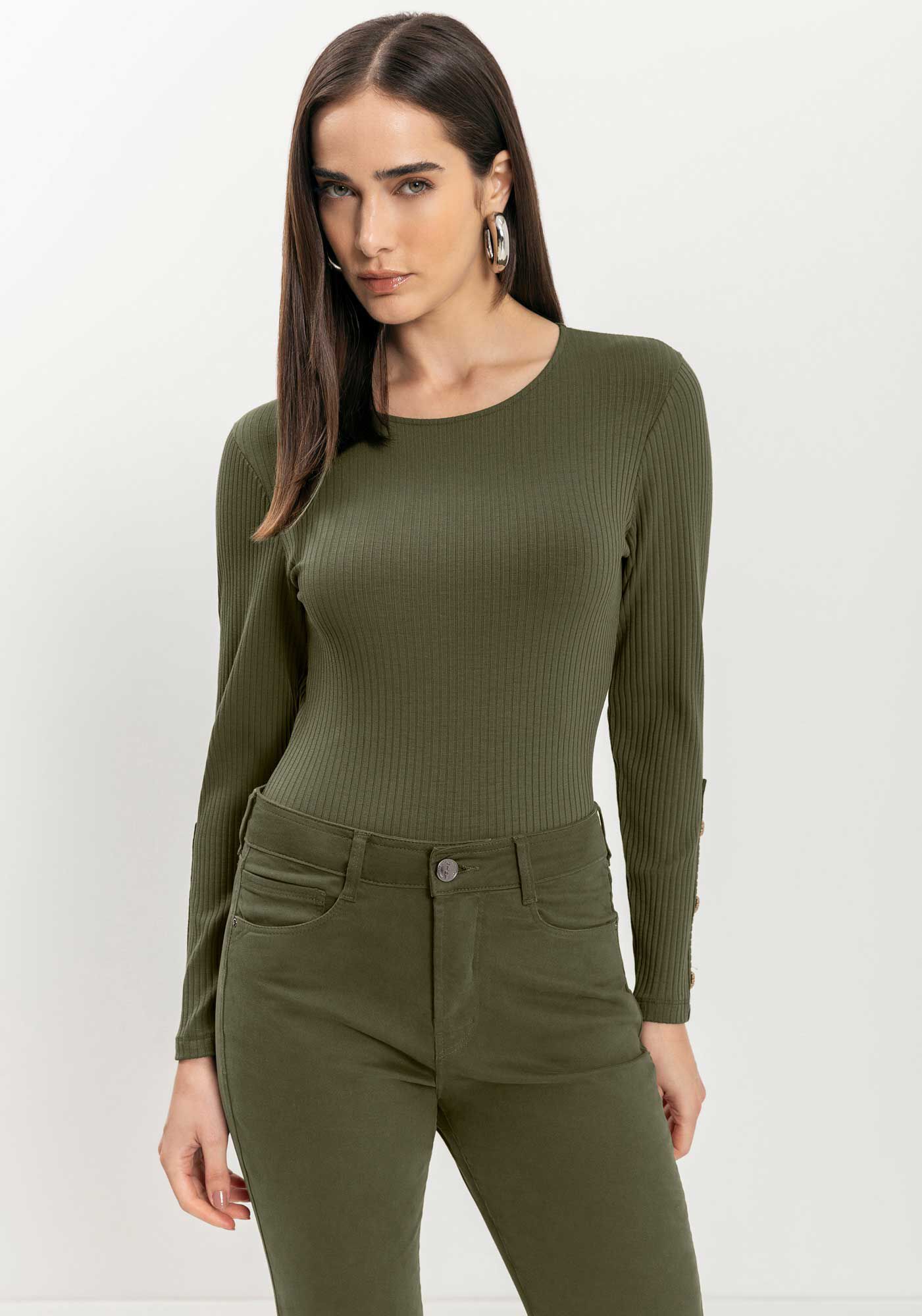 Body Justo Canelado Com Mangas Longas E Bot&otilde;es, VERDE AZEITONA, large.