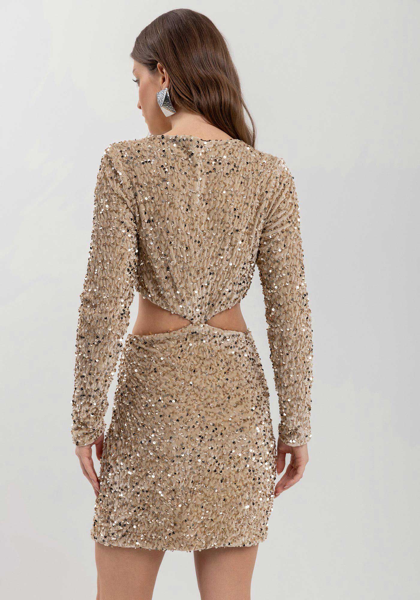 Vestido Curto Com Recortes Em Malha De Veludo Com Paet&ecirc;, , large.