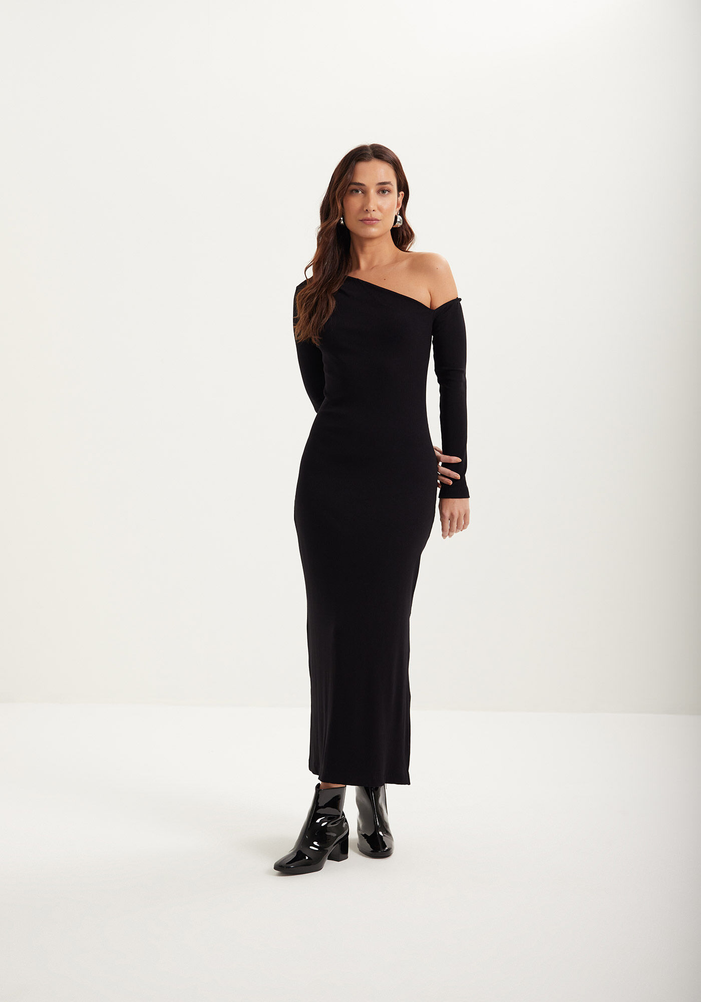 Vestido Um Ombro S&oacute; Ch&aacute; Em Malha Canelada, , large.