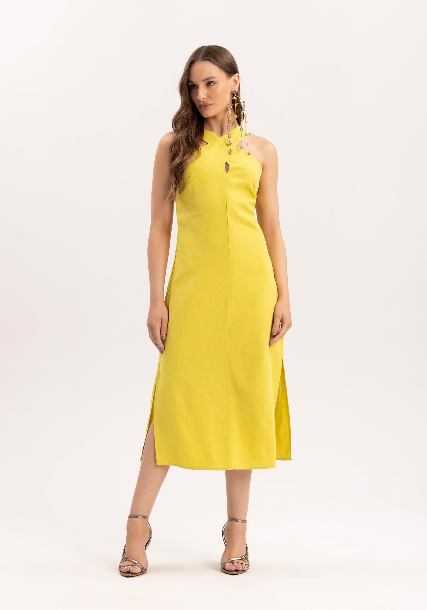 Vestido Midi em Linho com Decote Cross Neck, , large.