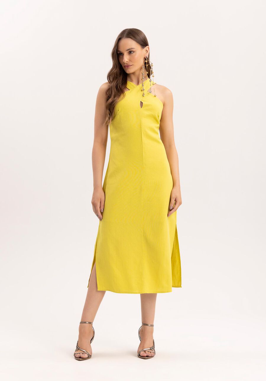 Vestido Midi em Linho com Decote Cross Neck, . Vestido Midi em Linho com Decote Cross Neck, , large.