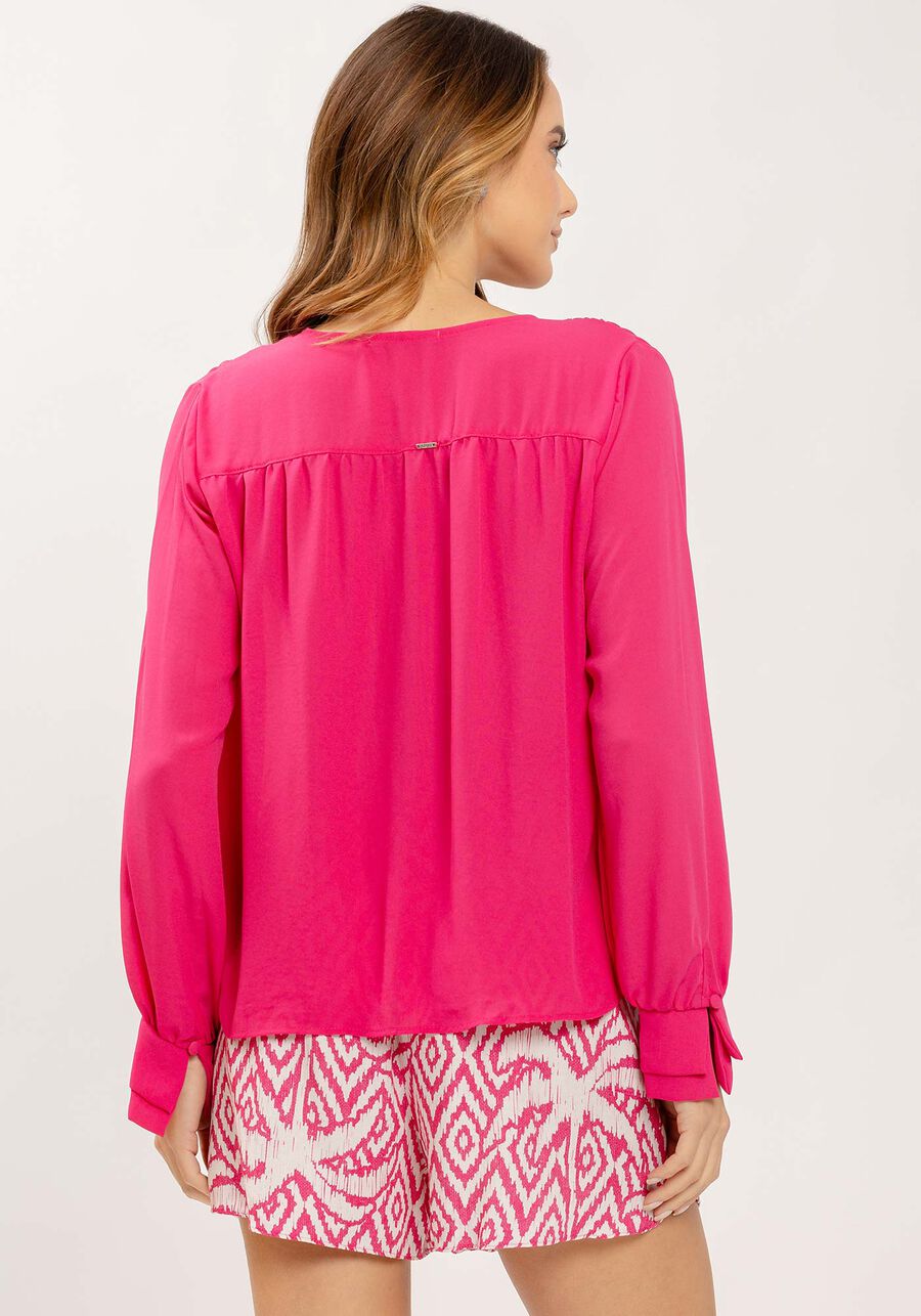 Camisa Manga Longa em Crepe com Decote V, ROSA SYRUP. Camisa Manga Longa em Crepe com Decote V, ROSA SYRUP, large.