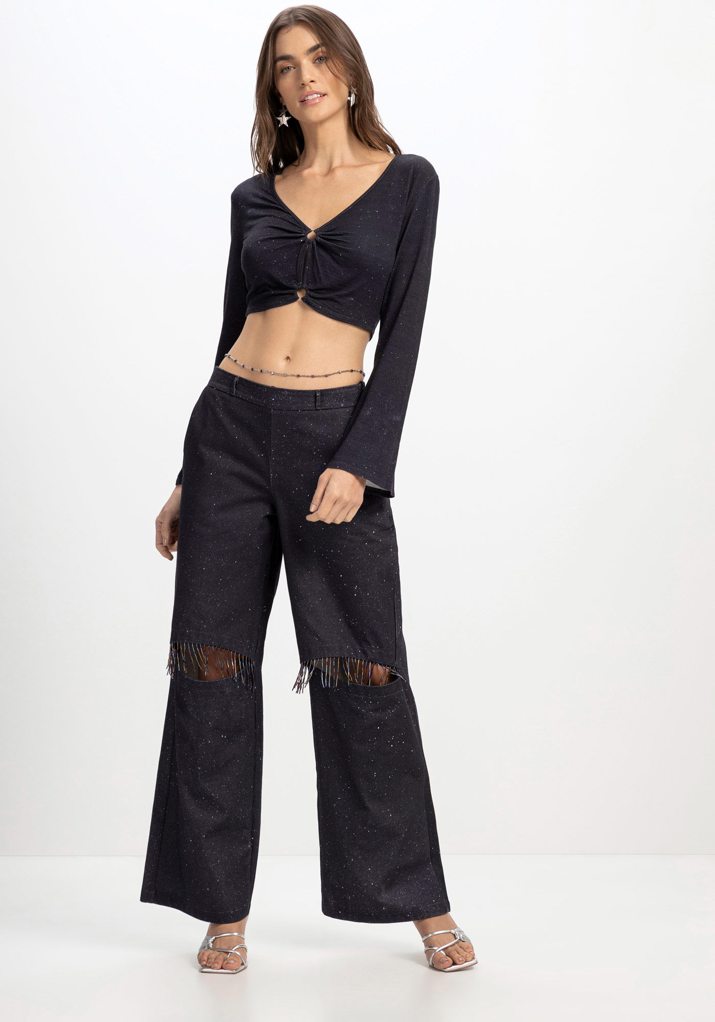 Blusa Cropped em Malha com Manga Longa Sino, , large.