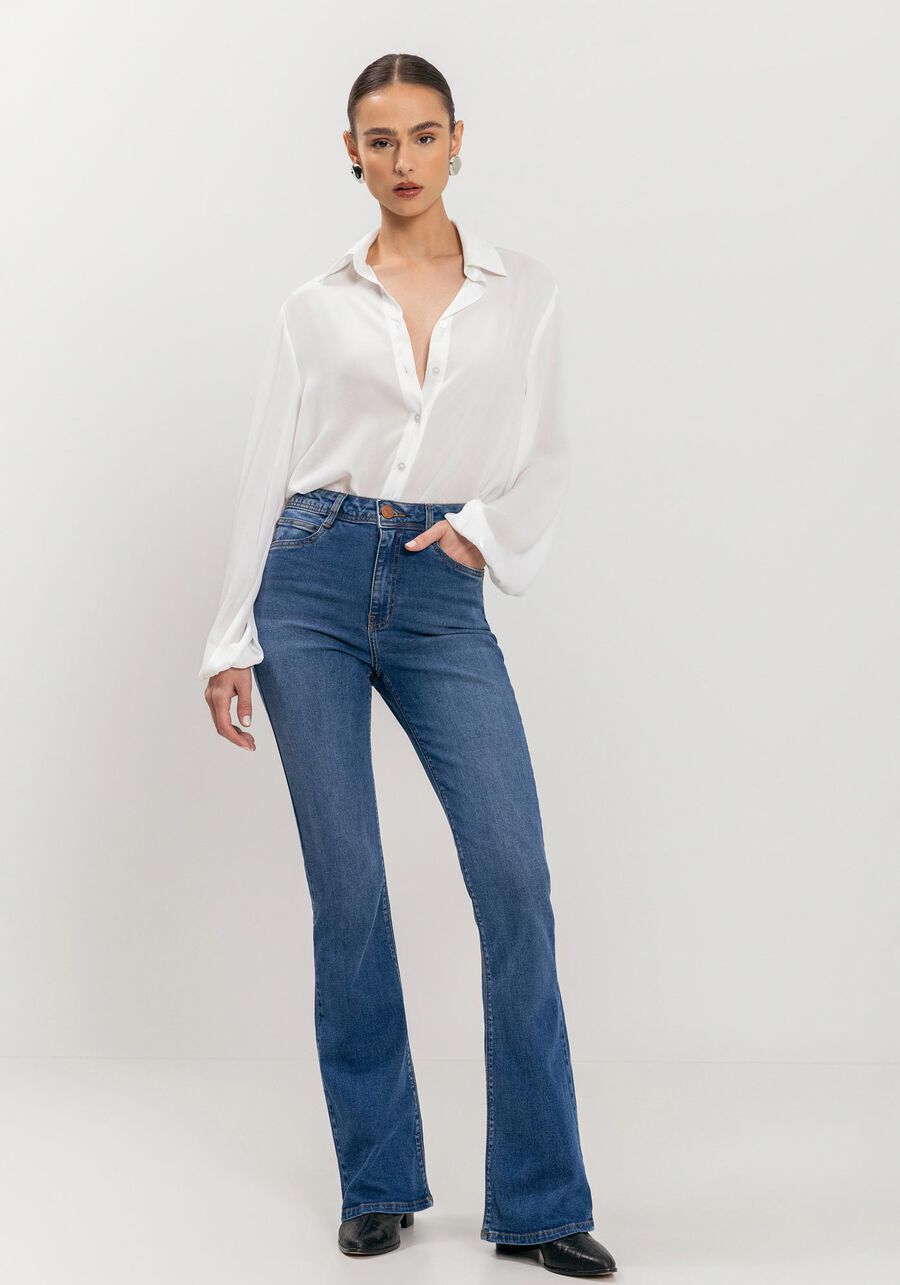 Calça Jeans Flare Com Elastano E Cintura Alta, . Calça Jeans Flare Com Elastano E Cintura Alta, , large.