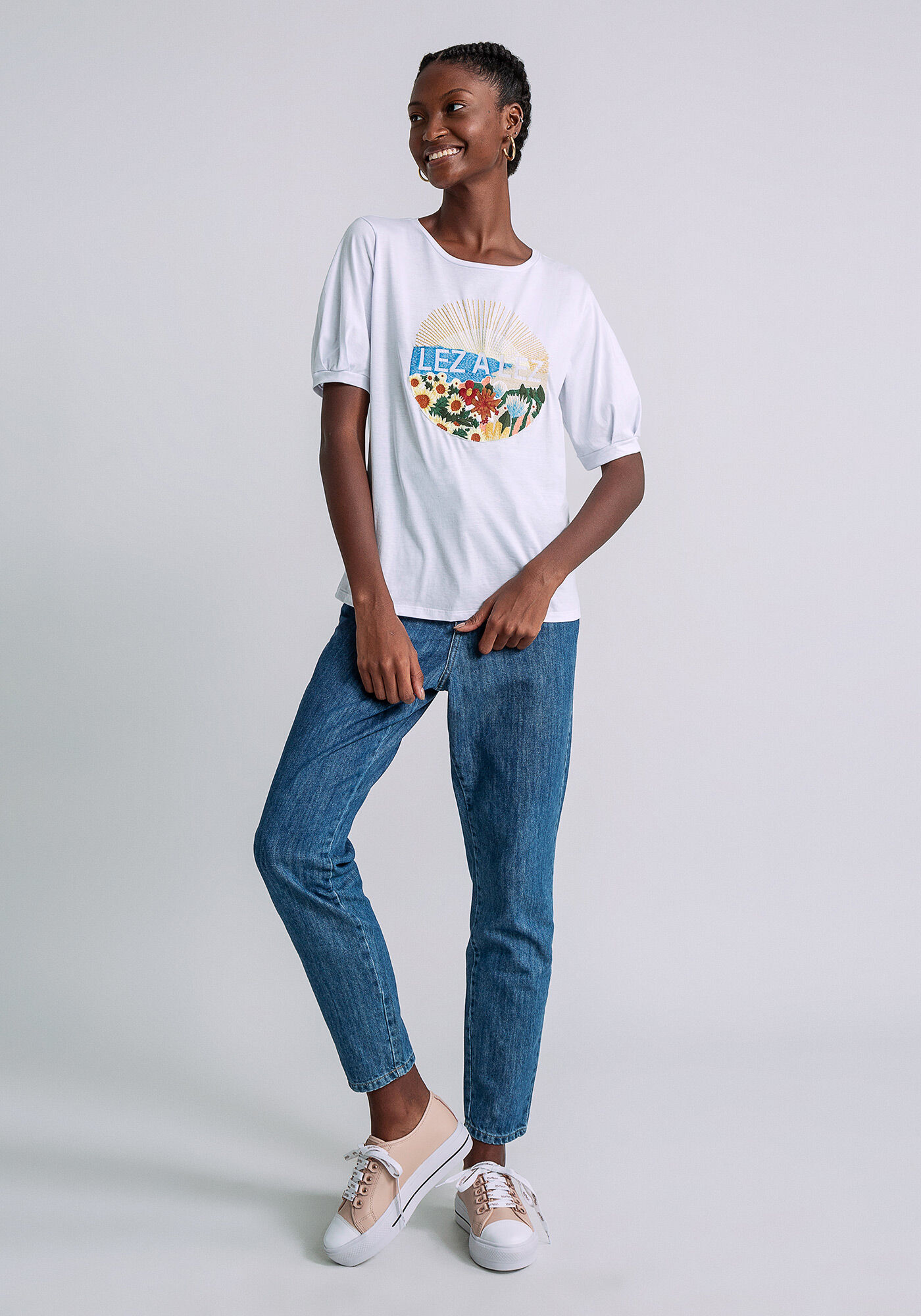 T-shirt Manga Bufante Estampada, BRANCO, large.