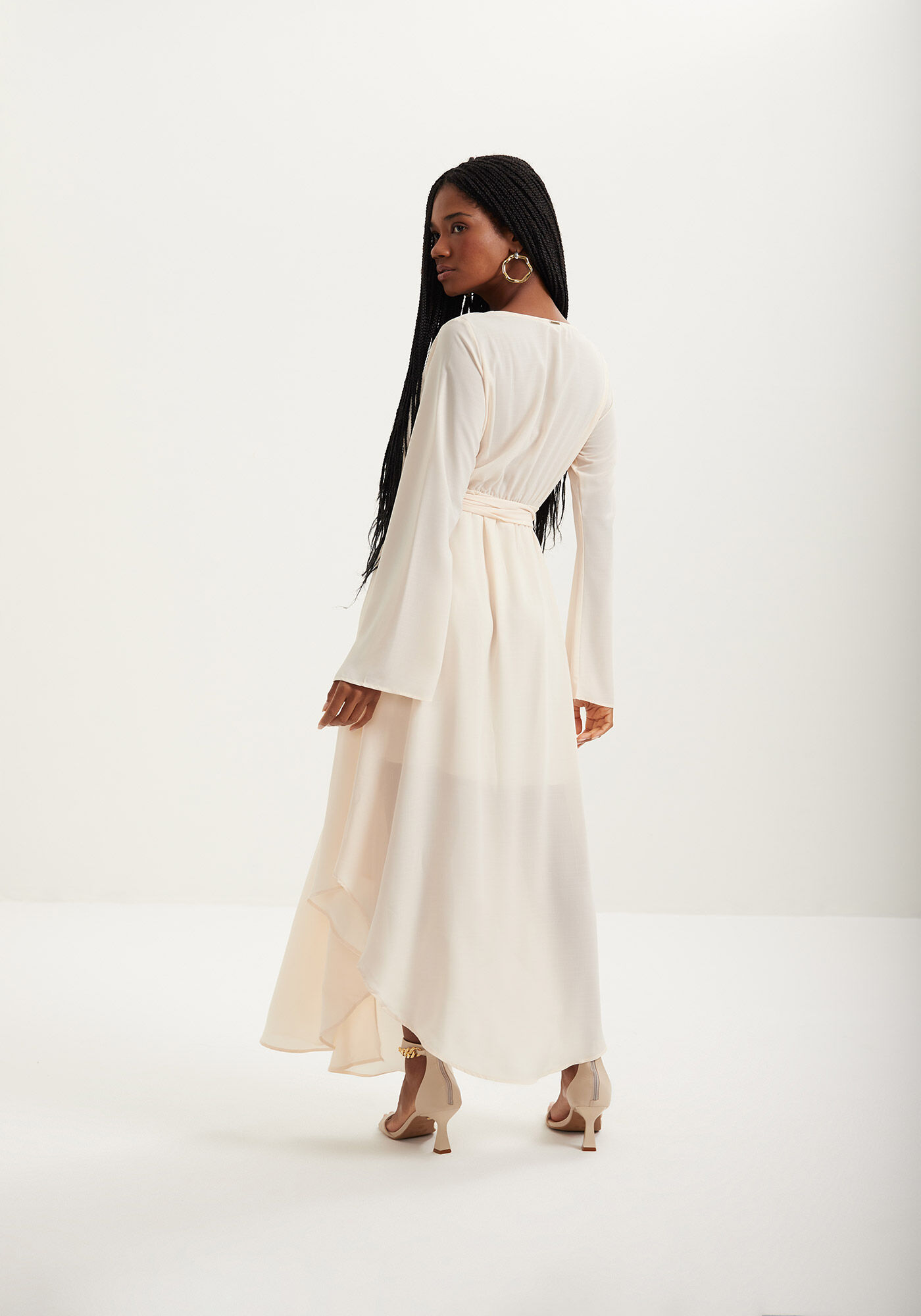 Vestido Longo De Mangas Com Gola Degag&ecirc; Em Chiffon, , large.