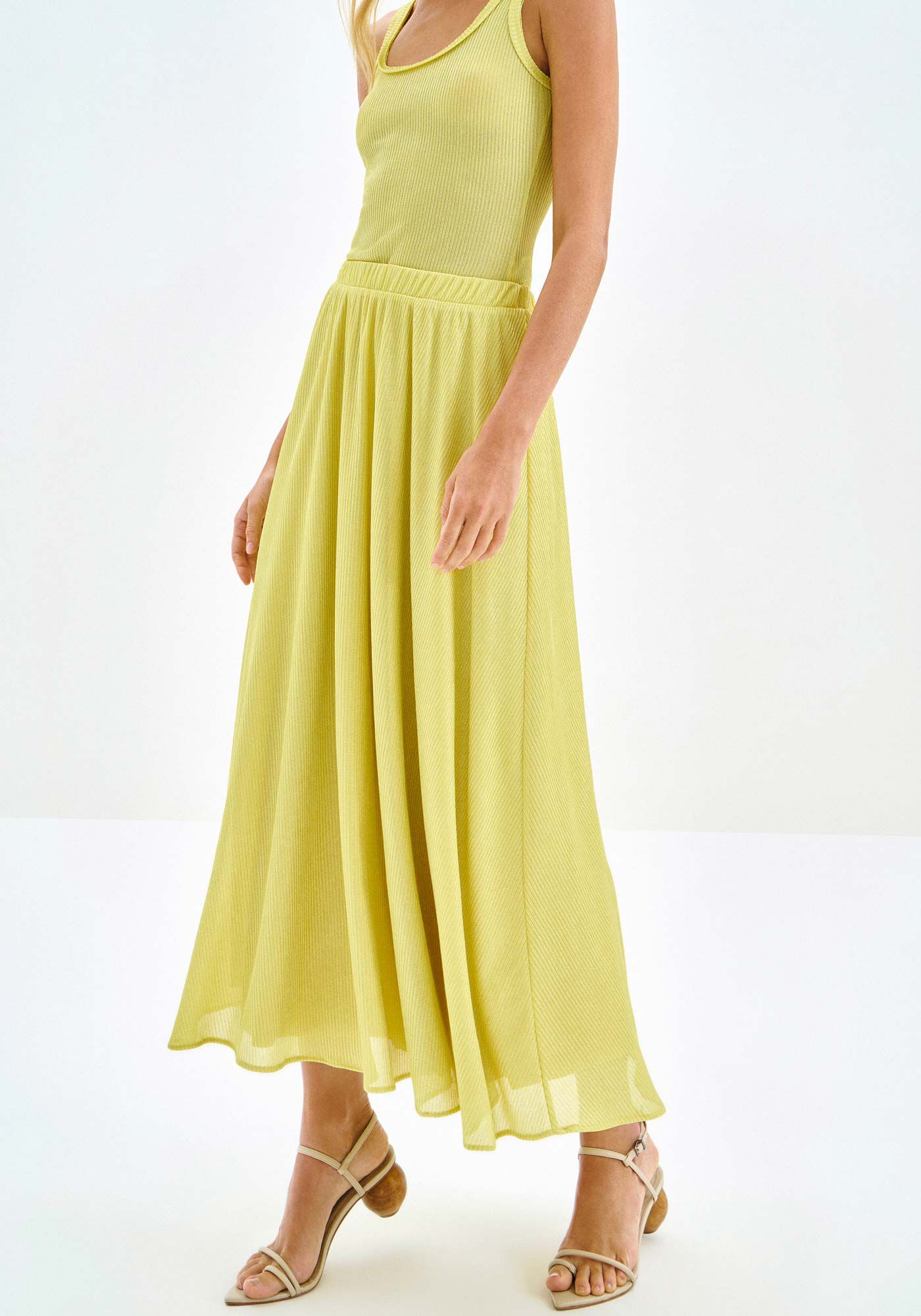 Saia Midi Evas&ecirc; Canelada com Brilho, VERDE PING, large.