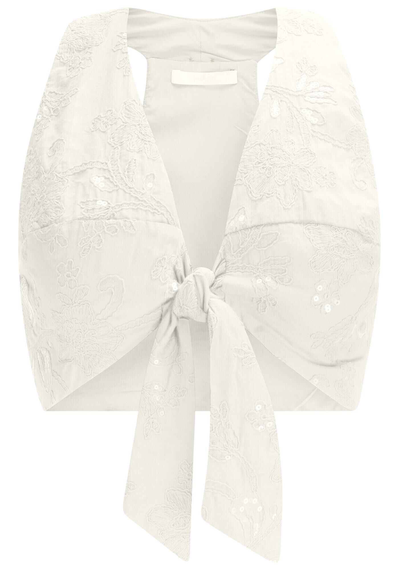 Blusa Cropped com M&aacute;xi Amarra&ccedil;&atilde;o e Bordado Paet&ecirc;, BRANCO OFF WHITE, large.