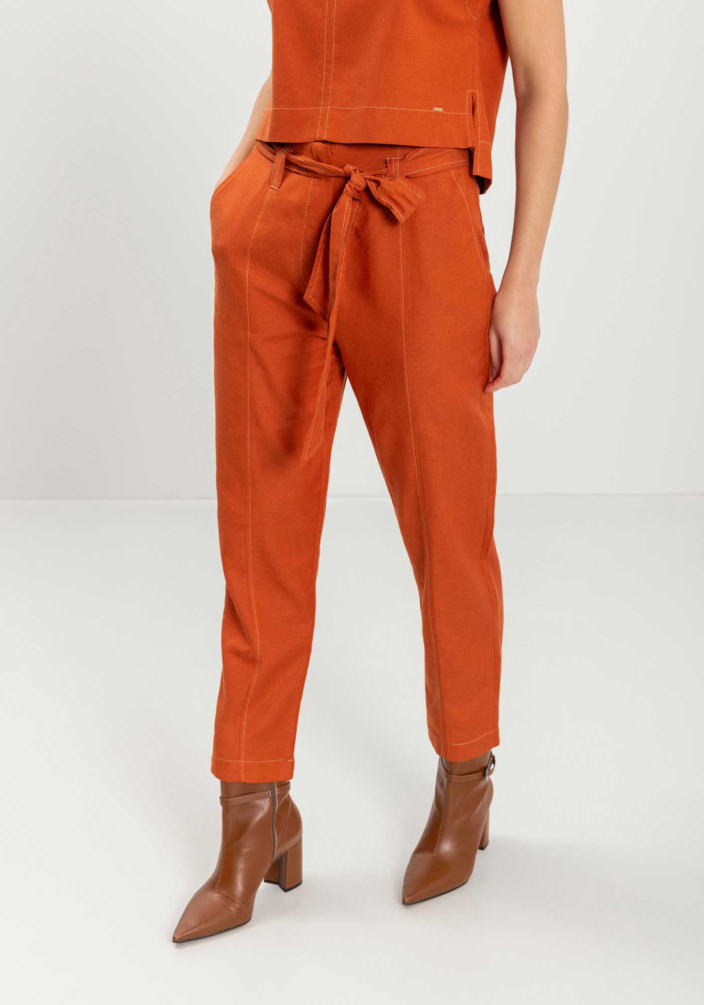 Cal&ccedil;a Reta De Cintura Alta Com Faixa E Pesponto Contrastante, MARROM SANDALWOOD, large.