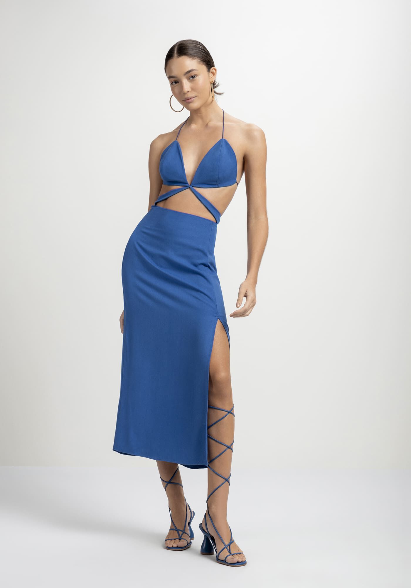 Vestido Midi em Crepe com Recortes Cut Out, AZUL AZULON, large.