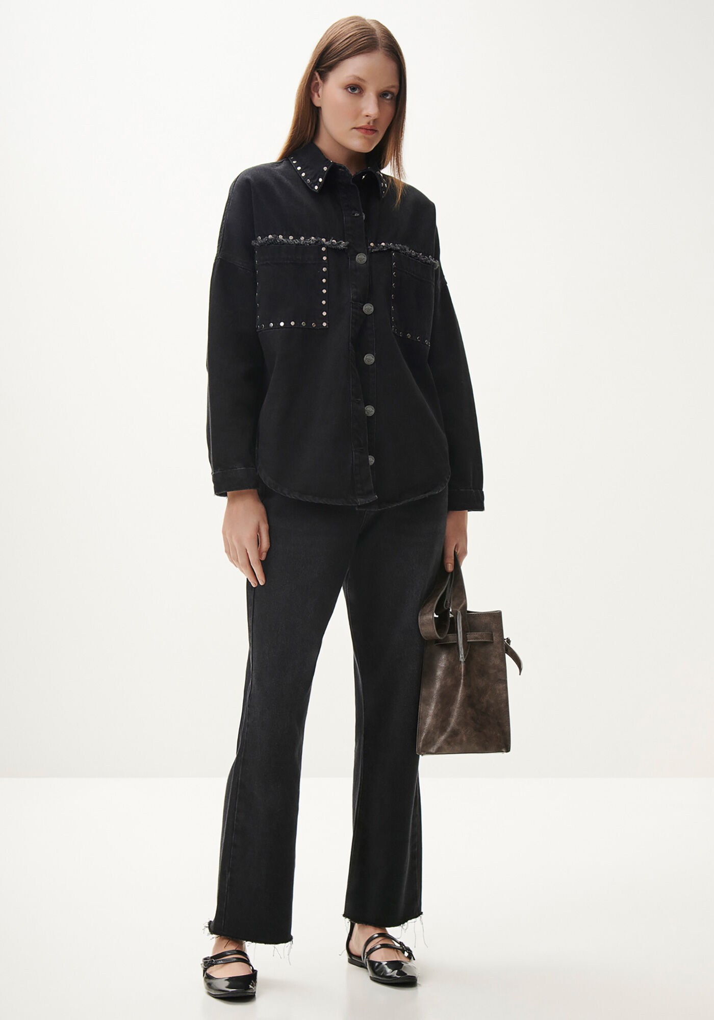 Camisa Jeans Manga Longa Preta com Tachas, , large.