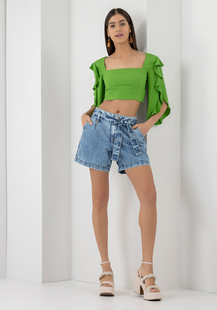 Blusa Decote Quadrado com Babado Manga, VERDE MONTANHA. Blusa Decote Quadrado com Babado Manga, VERDE MONTANHA, large.