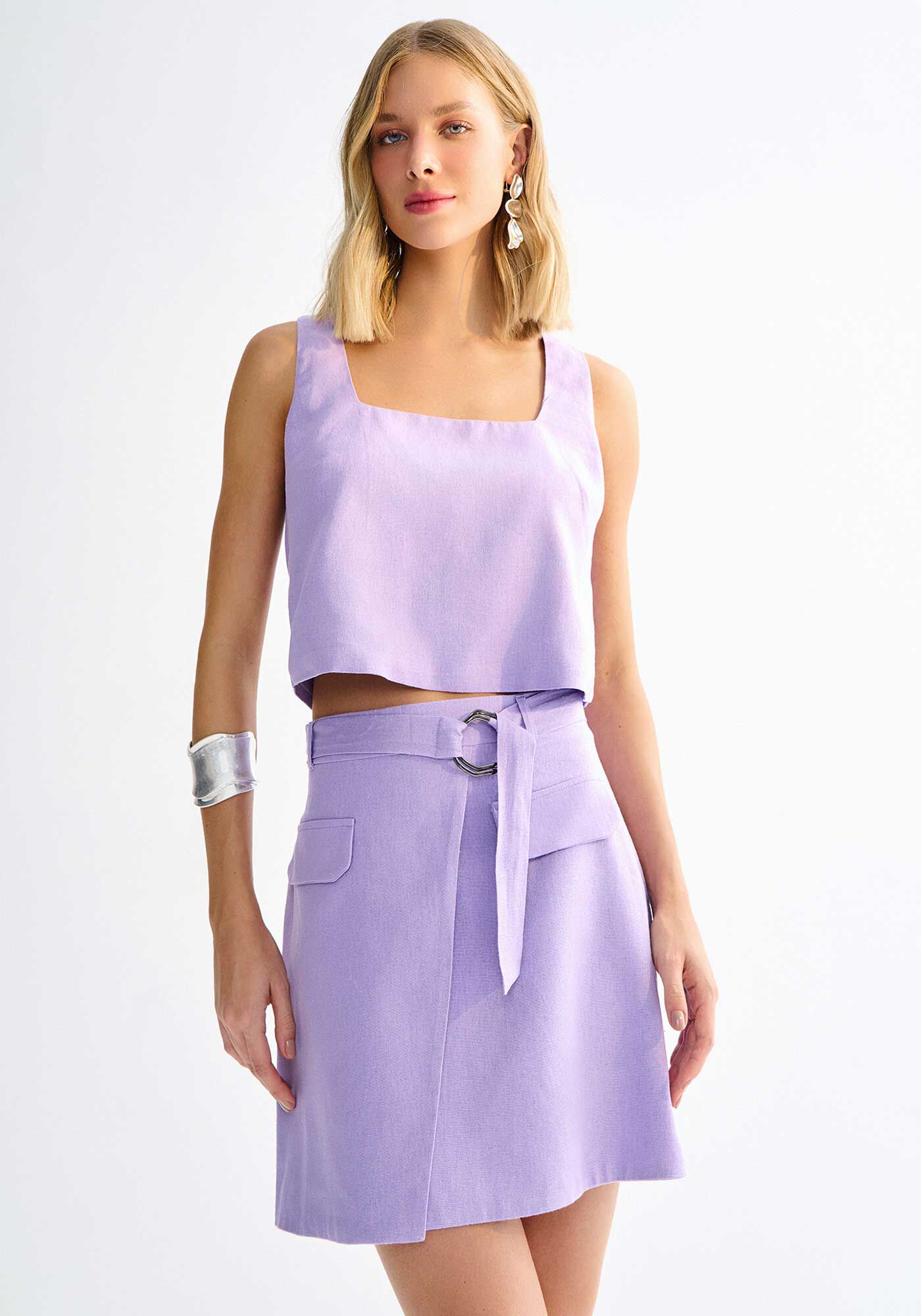 Saia Curta Transpassada em Linho com Cinto, , large.