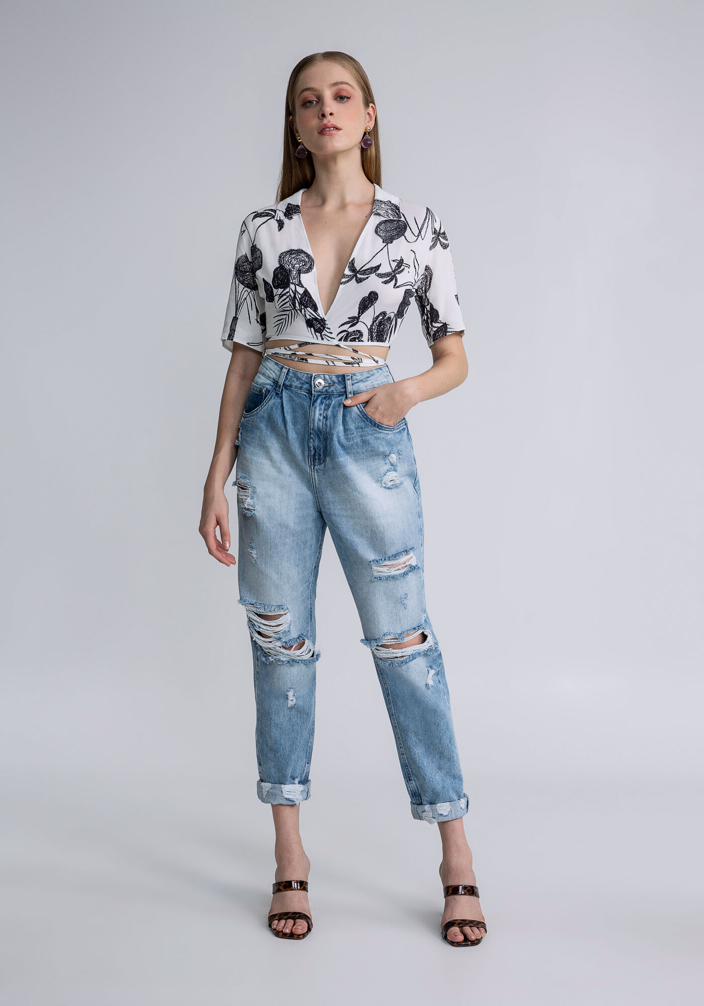 Blusa Manga 3/4 Franzido Estampa, CONTRASTE, large.