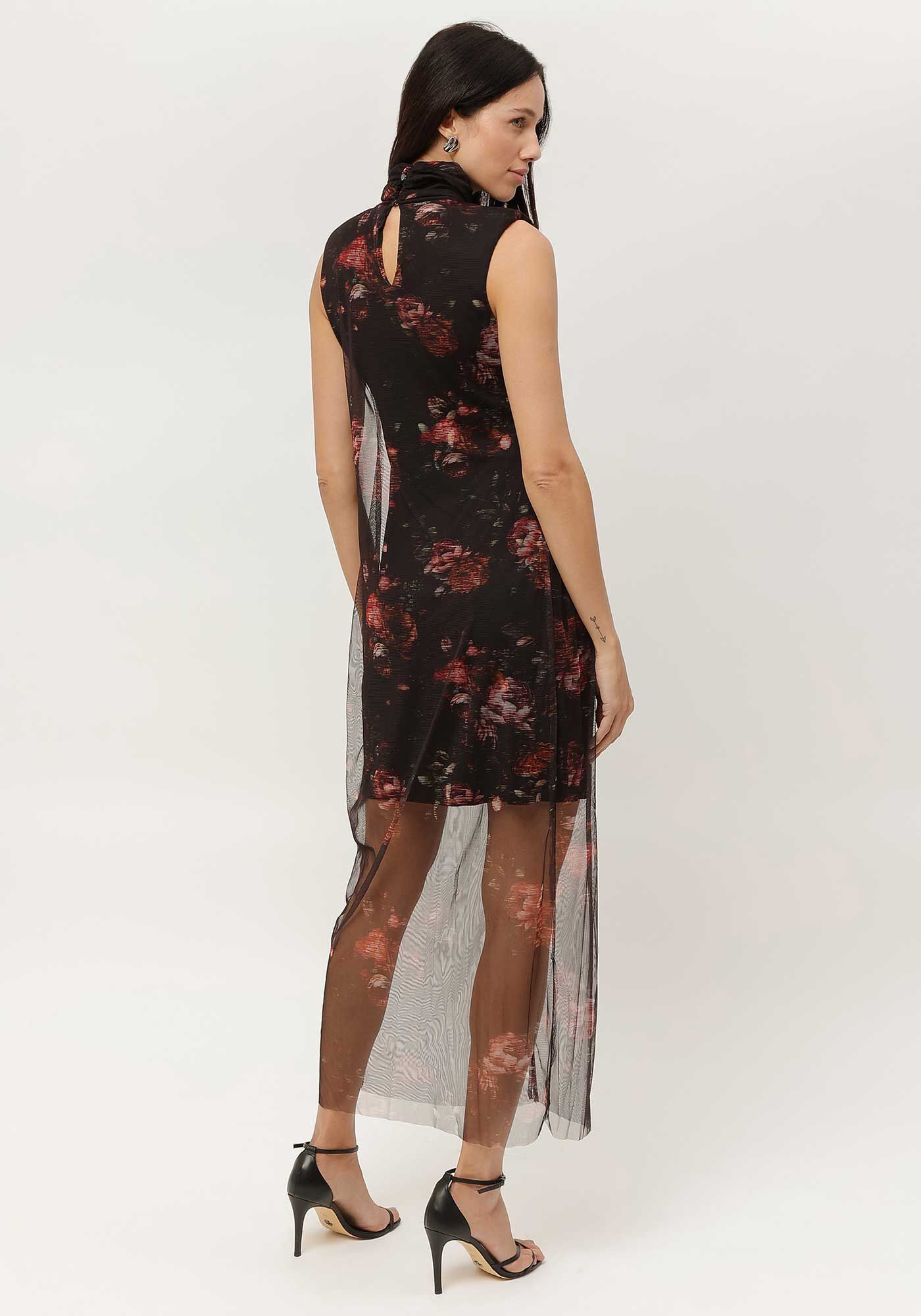 Vestido Midi em Tule Estampado com Gola Alta, , large.