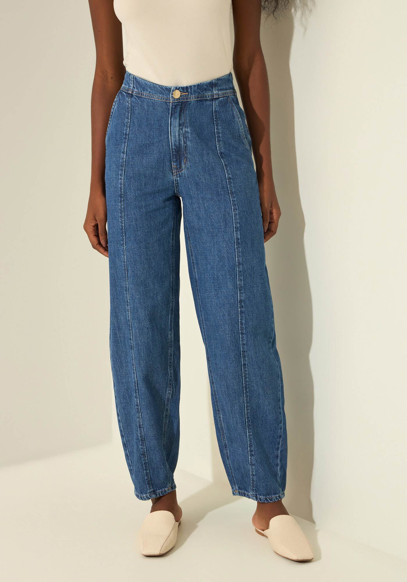 Cal&ccedil;a Jeans Barrel De Cintura Alta Com Recortes, JEANS, large.