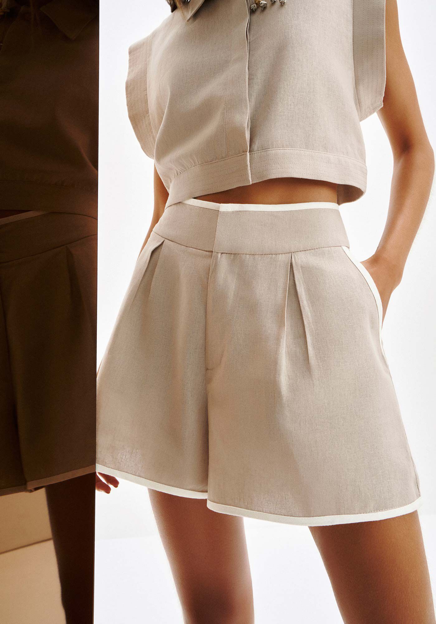 Shorts Alfaiataria em Linho com Pregas, , large.