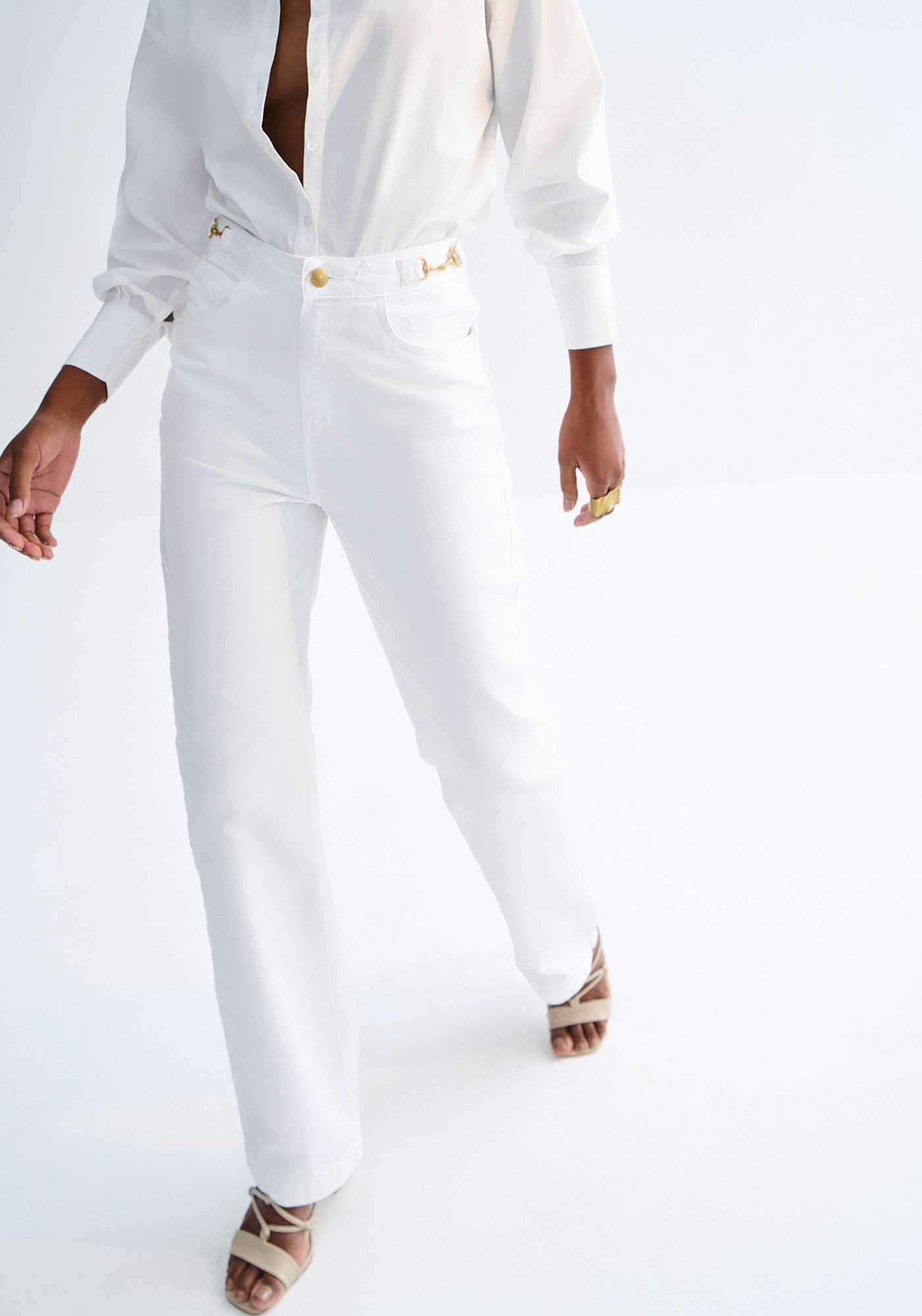 Cal&ccedil;a Sarja Reta Branca Cintura Alta com Detalhe C&oacute;s, , large.