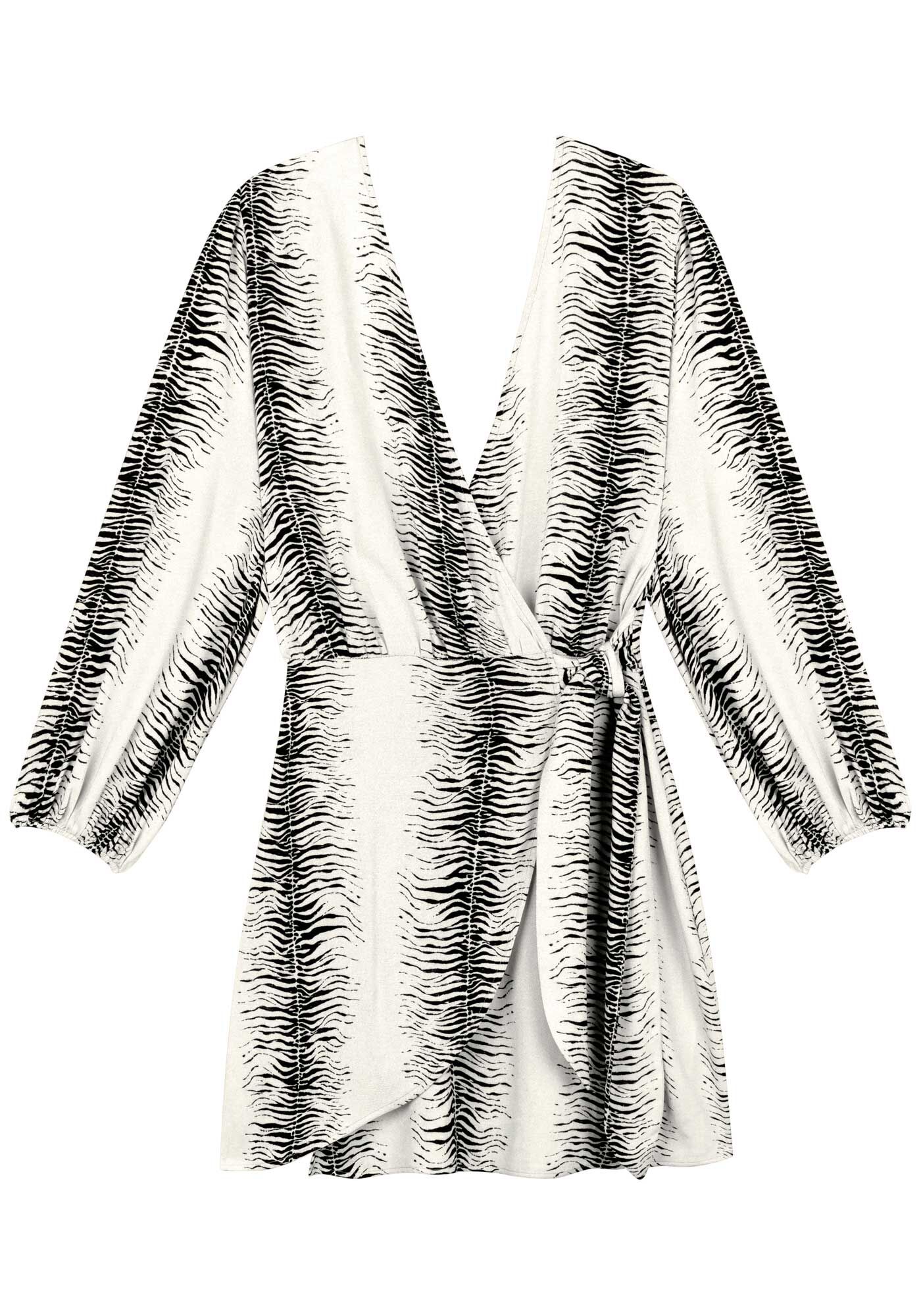 Vestido Estampado Transpassado Com Mangas Longas E Amarra&ccedil;&atilde;o, ZEBRA STRIPES PRETO, large.