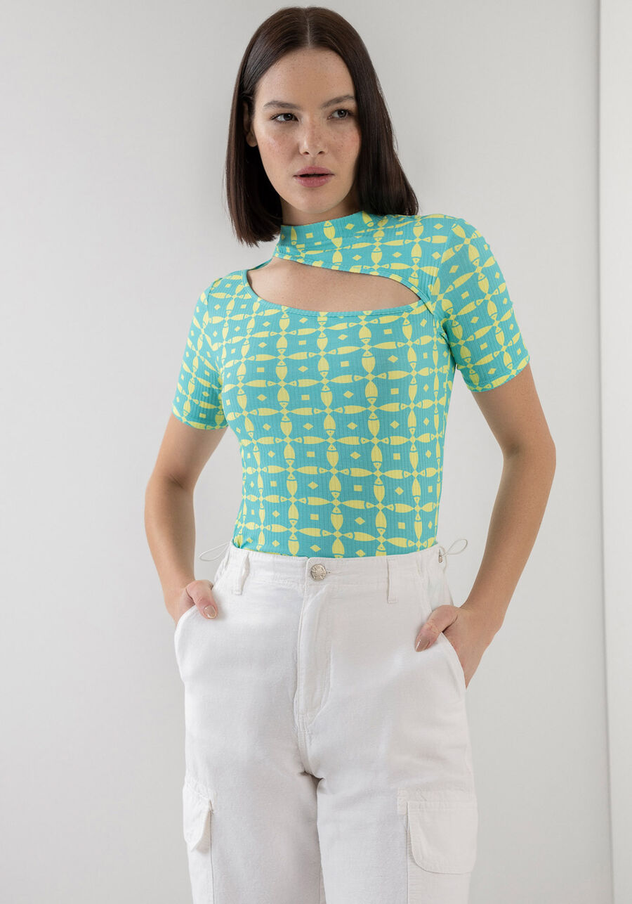 Blusa Canelada Estampada com Cut Out, . Blusa Canelada Estampada com Cut Out, , large.