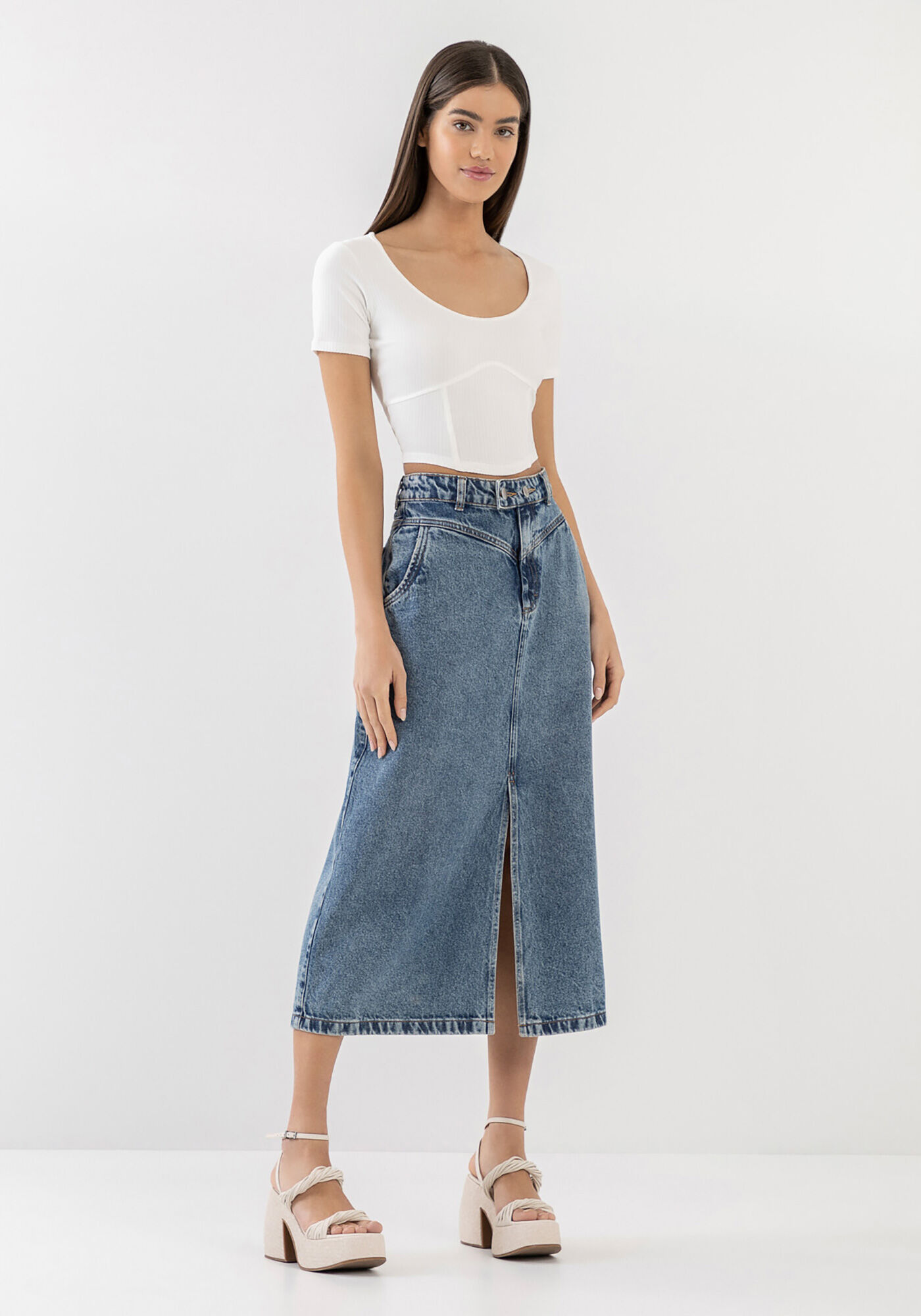 Saia jeans midi sales reta