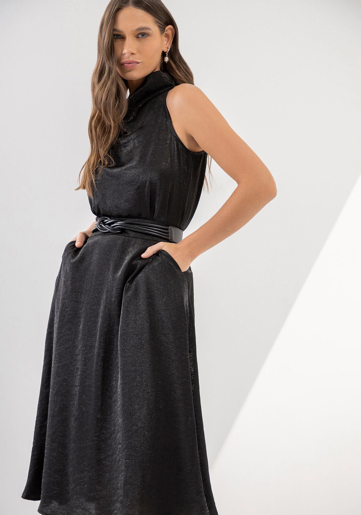 Saia Midi Evas&ecirc; em Cetim com Bolsos, , large.