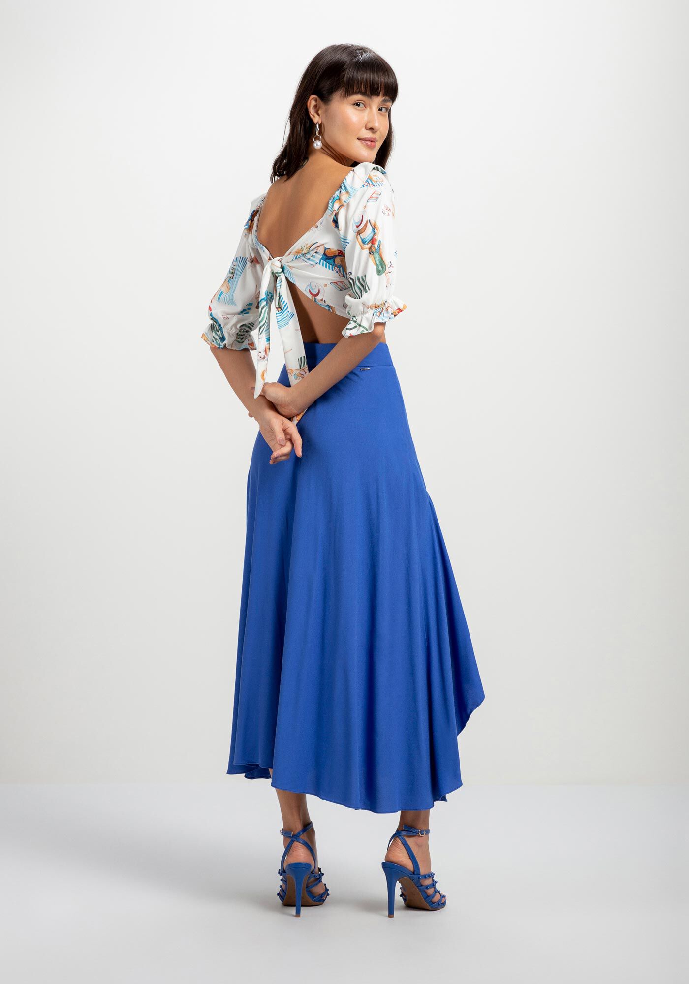 Blusa Estampada com Plissado e La&ccedil;o Costas, , large.