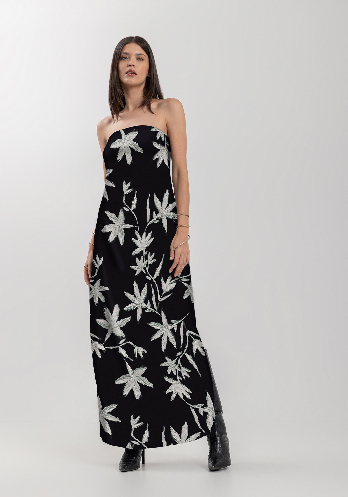 Vestido Longo Estampado Sem Al&ccedil;as Com Fenda Lateral, , large.