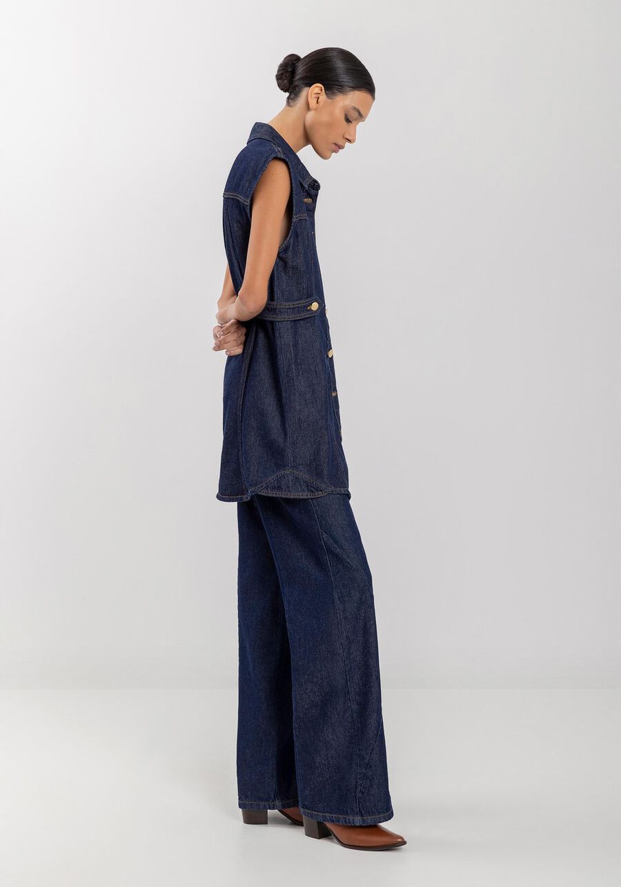 Colete Jeans Alongado Com Botões E Gola Camisa, JEANS. Colete Jeans Alongado Com Botões E Gola Camisa, JEANS, large.